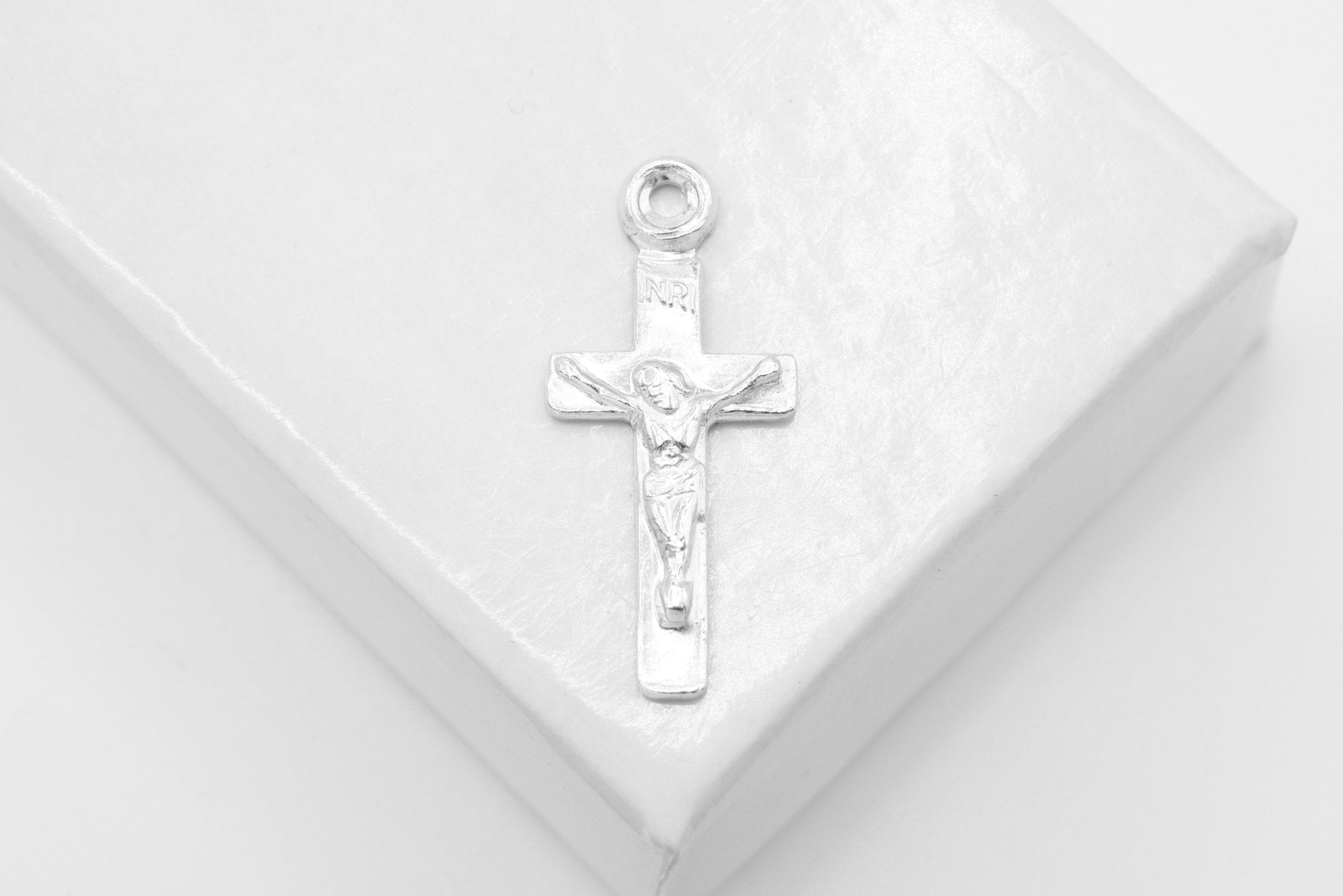 Jesus Cross Crucifix Charm, Wholesale, 925 Sterling Silver, 20mm x 8mm, INRI Jesus of Nazareth - HarperCrown