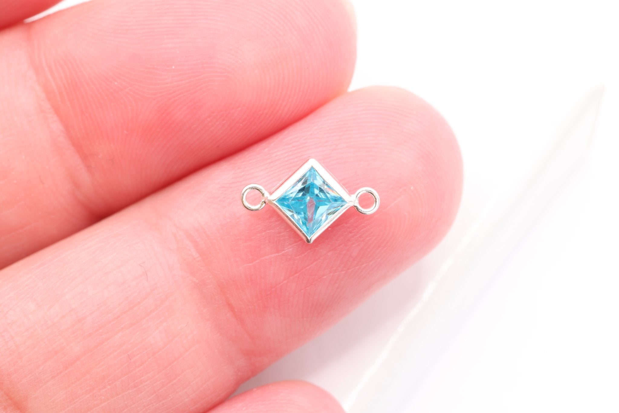 March Birthstone Aquamarine CZ Connector Bezel Frame Charm, Sterling Silver, 4mm - HarperCrown