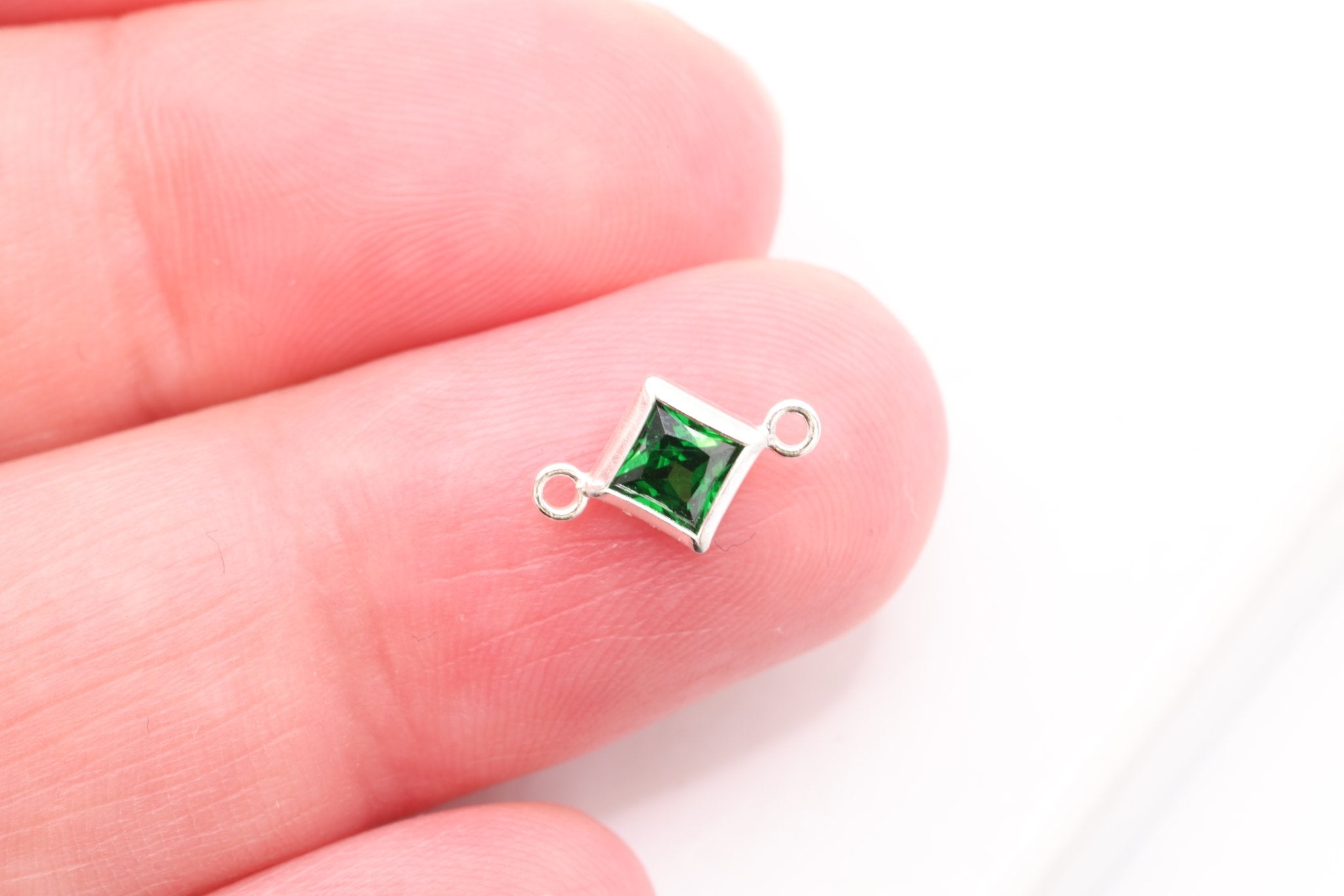 May Birthstone Emerald CZ Connector Bezel Frame, Sterling Silver, 4mm - HarperCrown