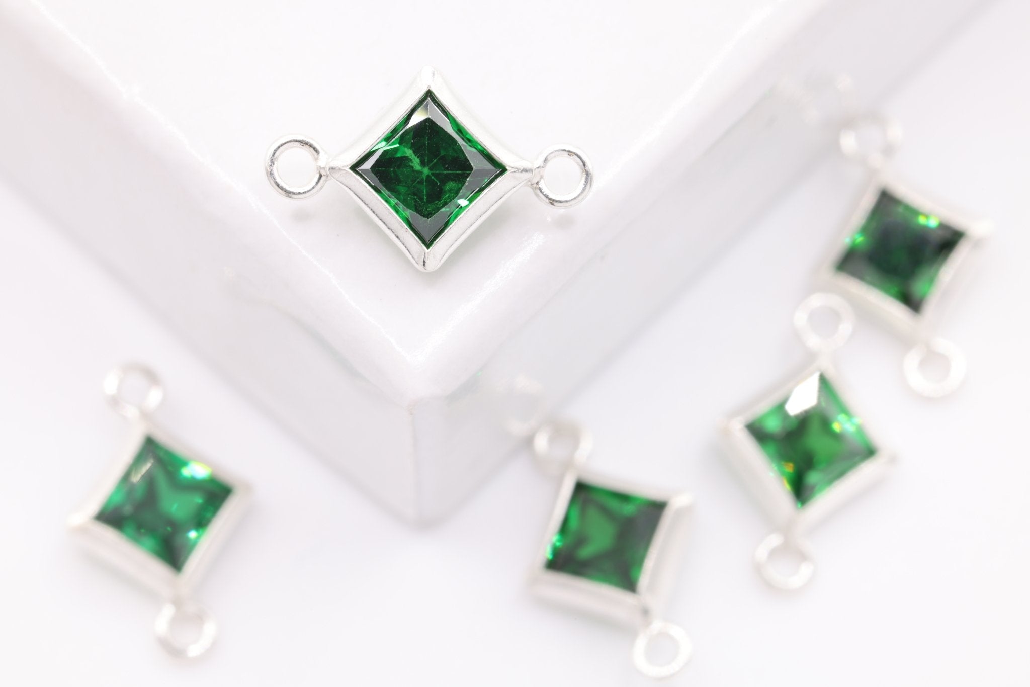 May Birthstone Emerald CZ Connector Bezel Frame, Sterling Silver, 4mm - HarperCrown