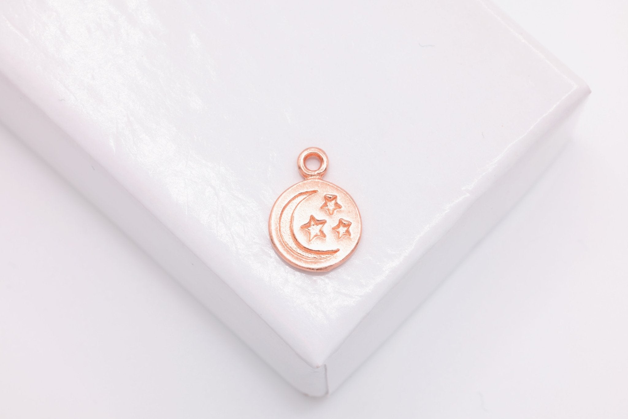 Moon and Stars Charm, Wholesale, 18K Rose Gold - Plated 925 Sterling Silver, 9mm x 9mm, Stary Night Sky Celestial - HarperCrown
