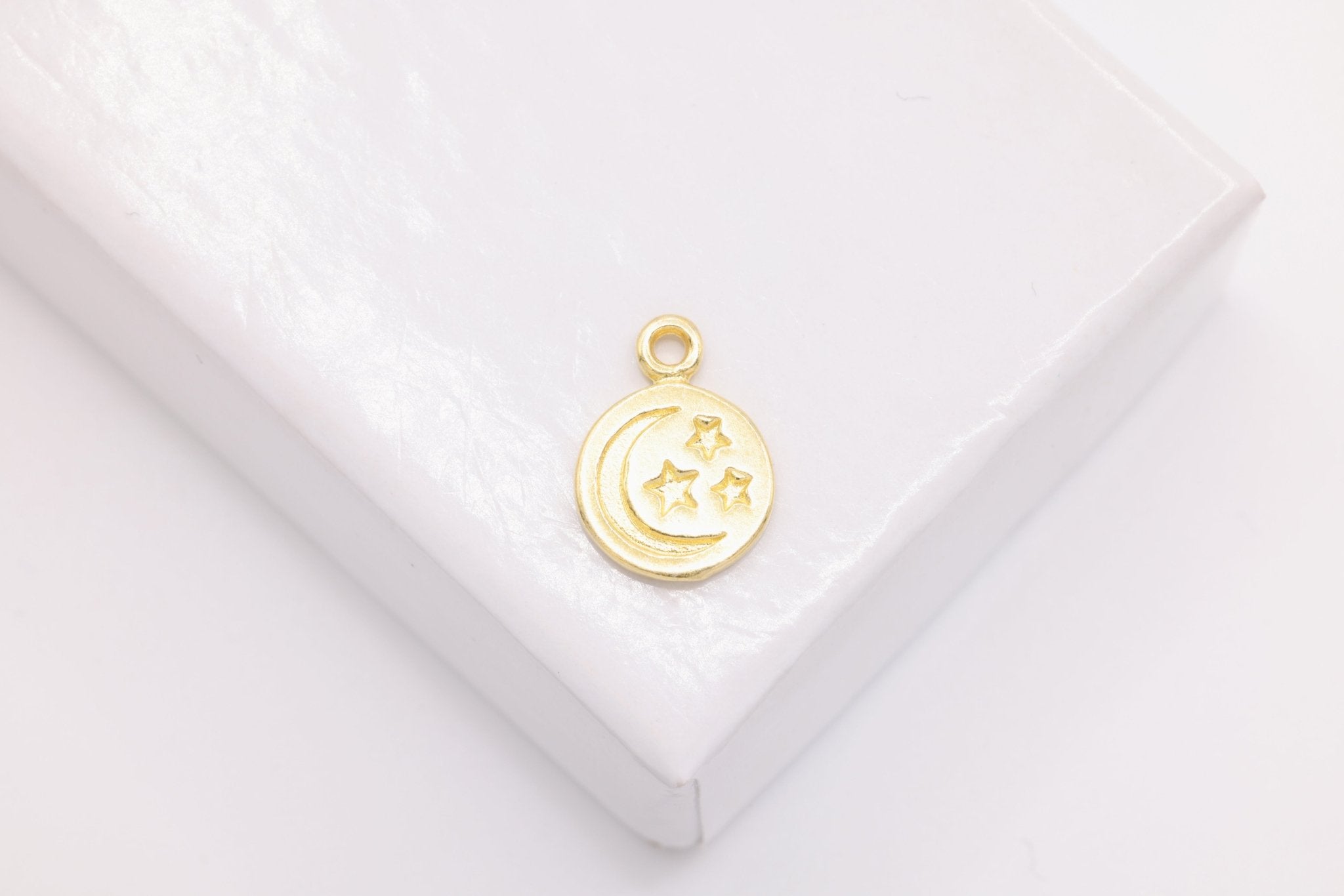 Moon and Stars Charm, Wholesale, 18K Yellow Gold - Plated 925 Sterling Silver, 9mm x 9mm, Stary Night Sky Celestial - HarperCrown