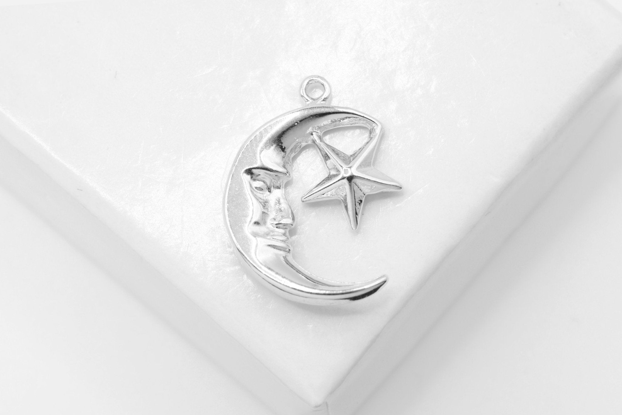 Moon Face and Star Charm, Wholesale, 925 Sterling Silver, 15mm x 12mm, Celestial Crescent Moon - HarperCrown