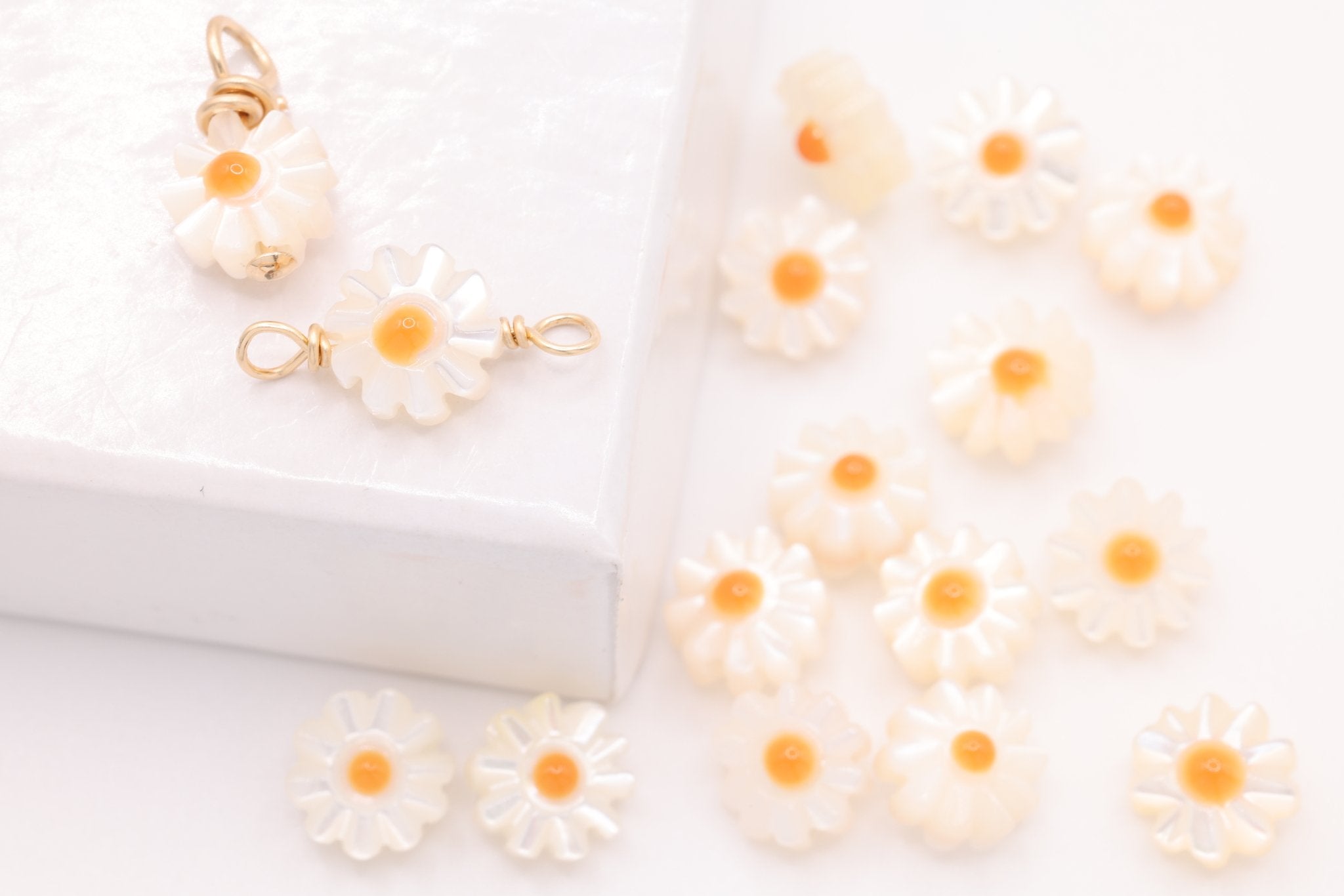 Mother of Pearl Daisy Charm, Gold - Filled, 10mm x 6mm, Wire Wrapped, Bulk DIY Wholesale Jewelry Making Charm - HarperCrown