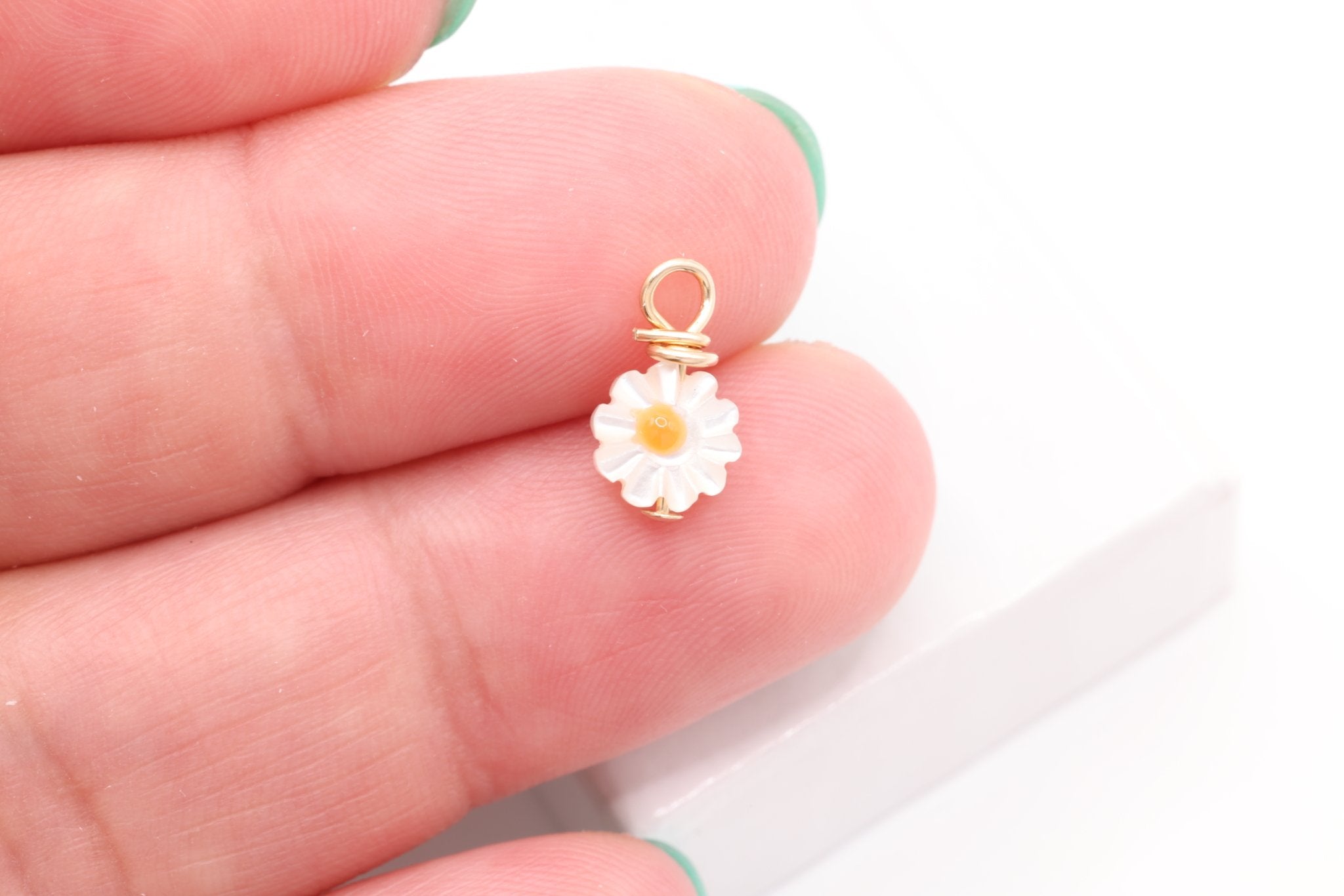 Mother of Pearl Daisy Charm, Gold - Filled, 10mm x 6mm, Wire Wrapped, Bulk DIY Wholesale Jewelry Making Charm - HarperCrown