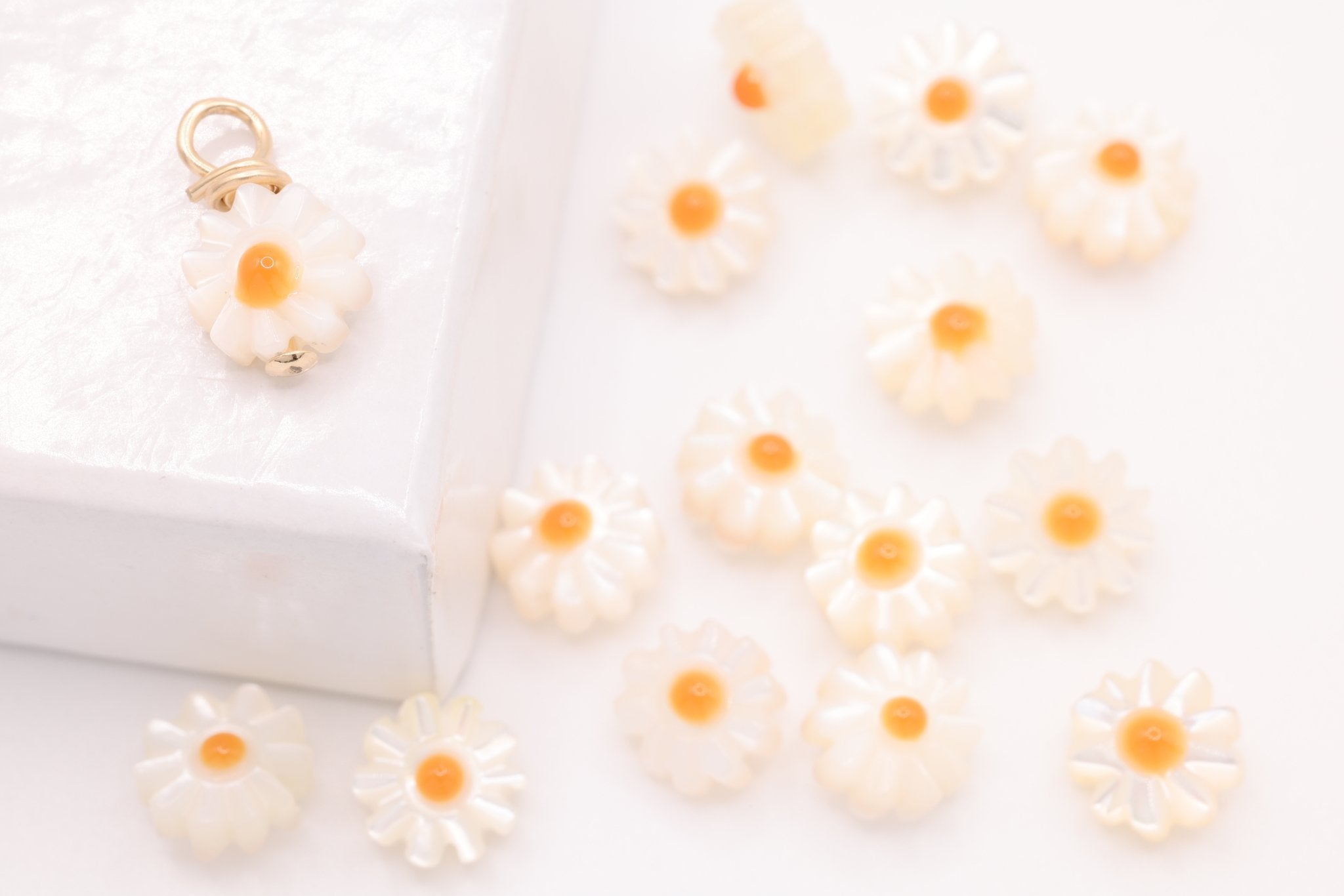 Mother of Pearl Daisy Charm, Gold - Filled, 10mm x 6mm, Wire Wrapped, Bulk DIY Wholesale Jewelry Making Charm - HarperCrown