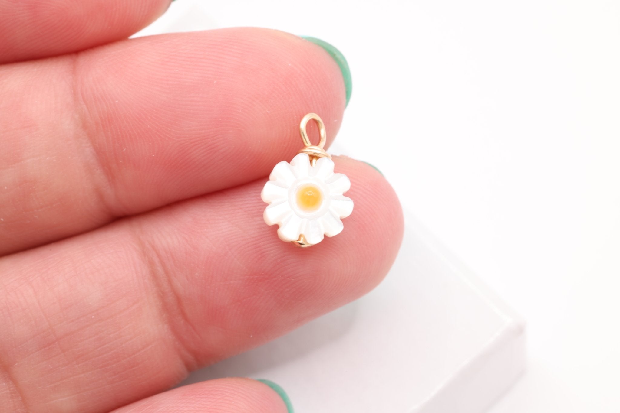 Mother of Pearl Daisy Charm, Gold - Filled, 12mm x 7mm, Wire Wrapped, Bulk DIY Wholesale Jewelry Making Charm - HarperCrown