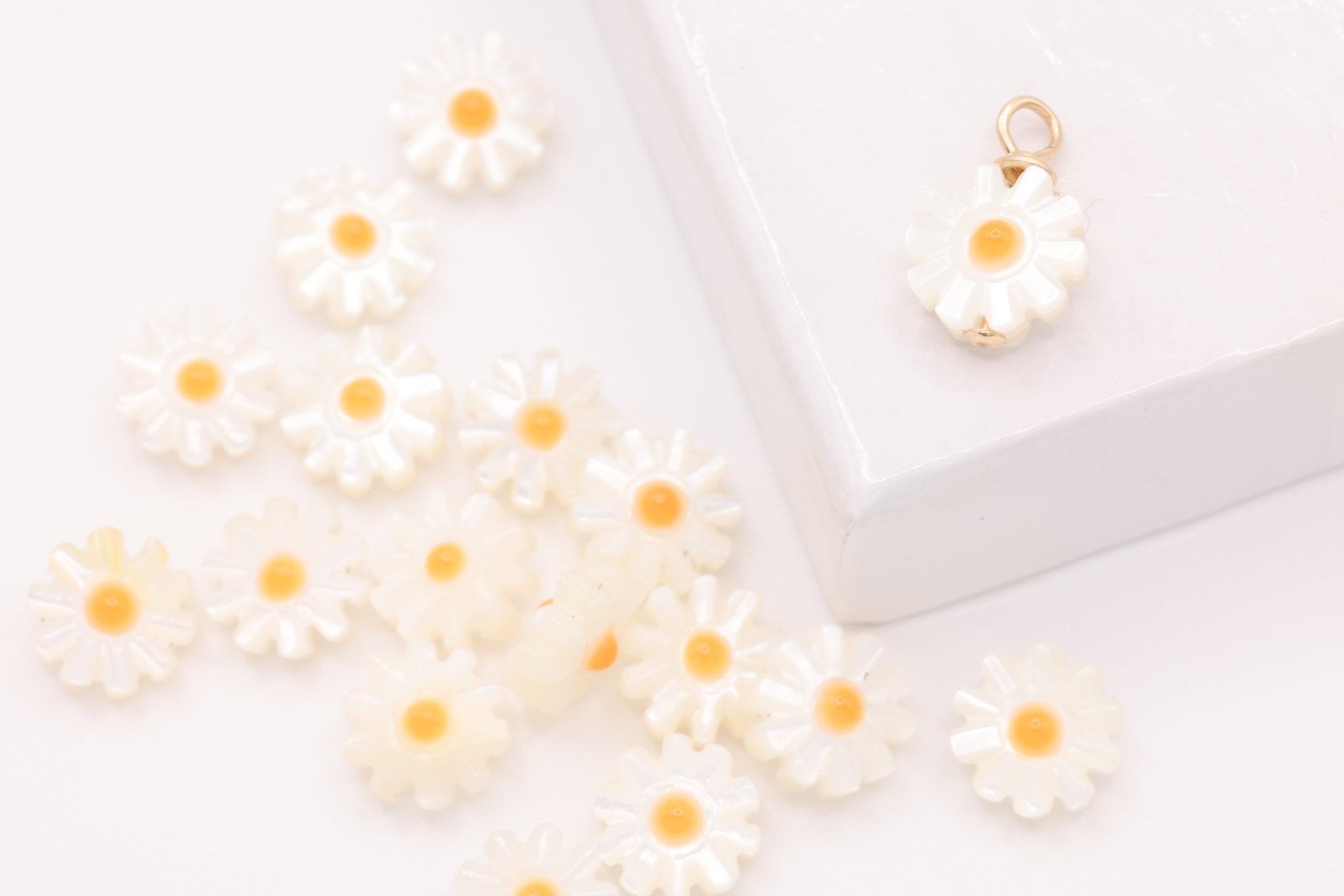 Mother of Pearl Daisy Charm, Gold - Filled, 12mm x 7mm, Wire Wrapped, Bulk DIY Wholesale Jewelry Making Charm - HarperCrown