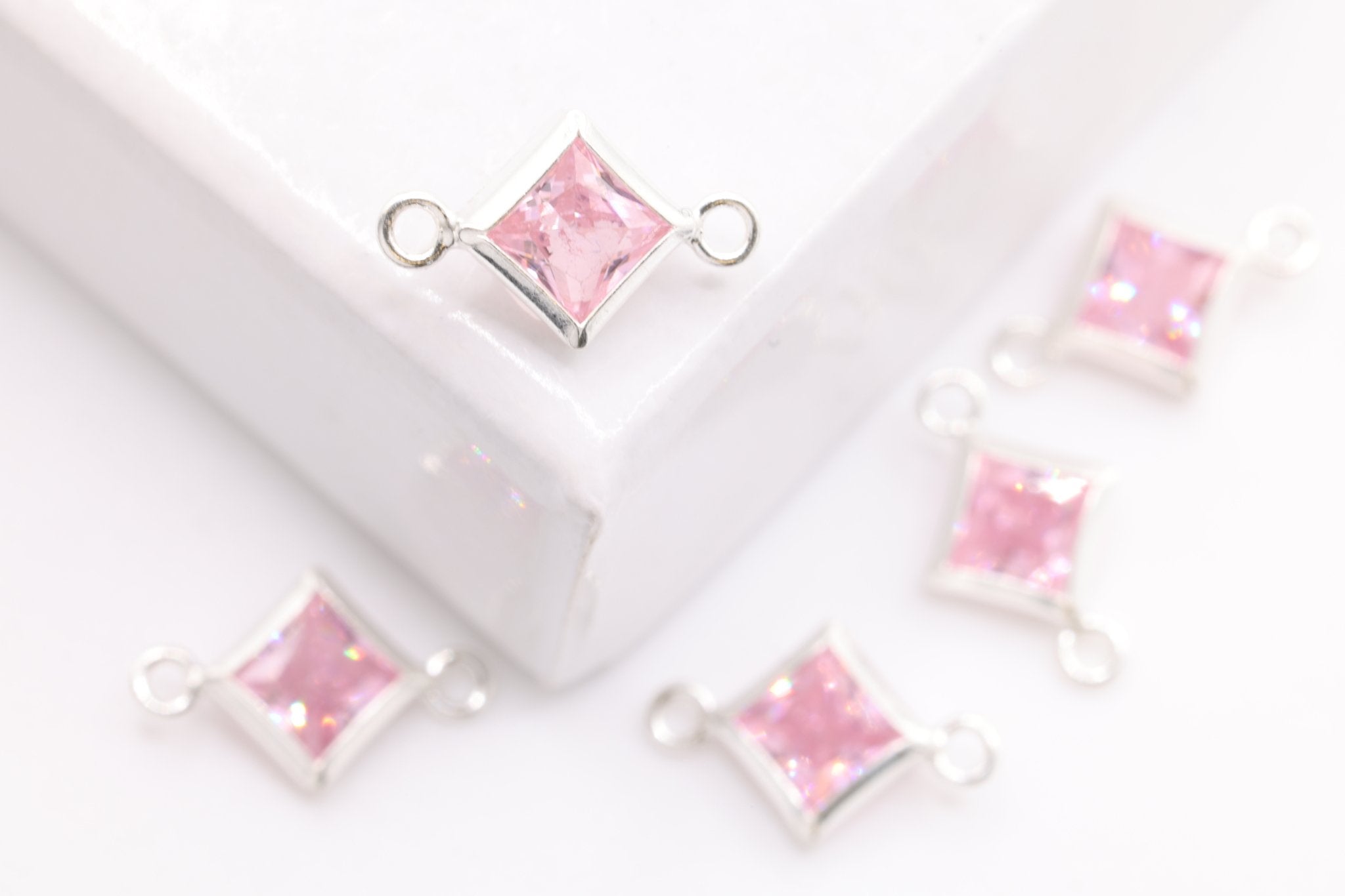 October Birthstone Pink Tourmaline CZ Connector Bezel Frame, Sterling Silver, 4mm - HarperCrown