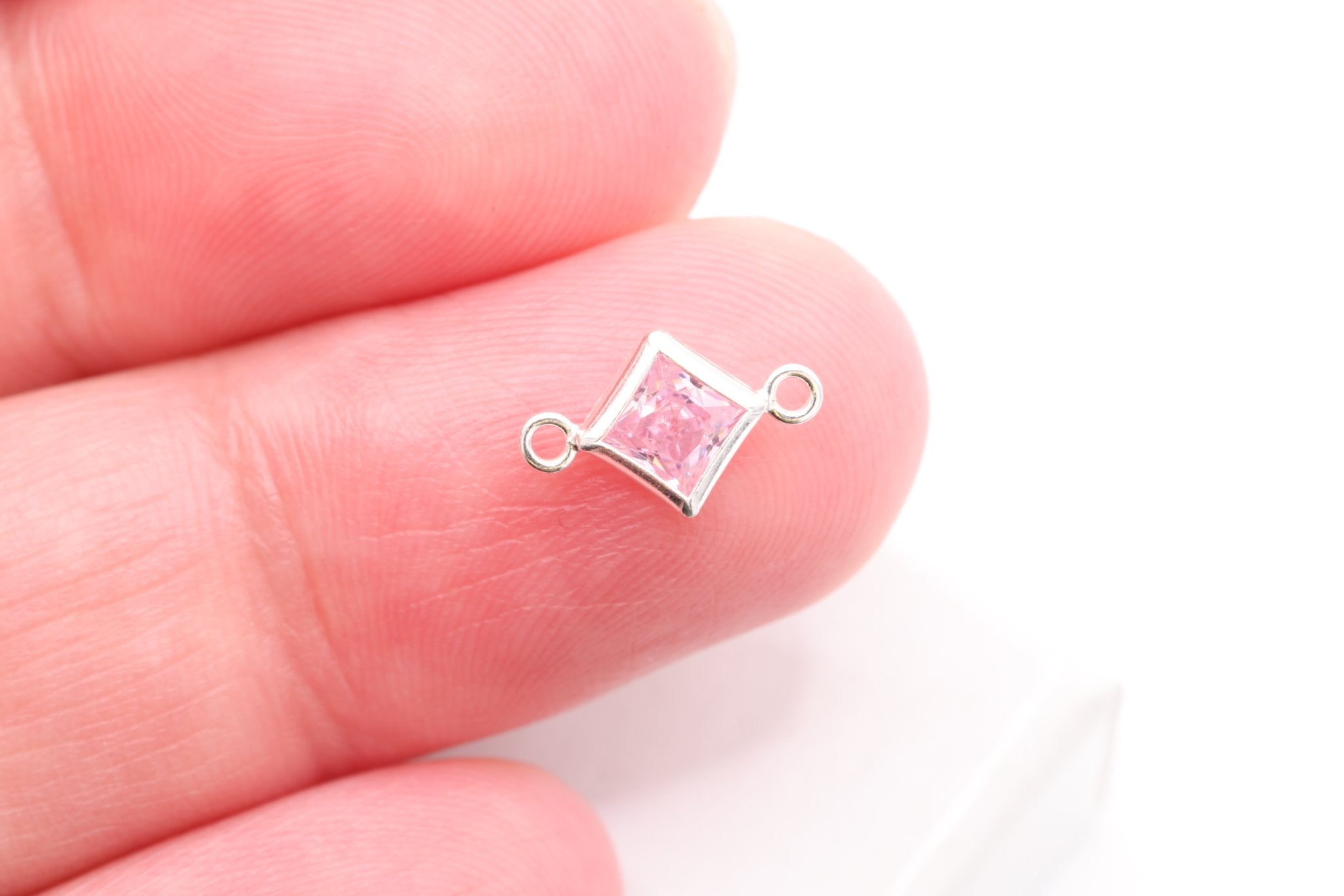 October Birthstone Pink Tourmaline CZ Connector Bezel Frame, Sterling Silver, 4mm - HarperCrown