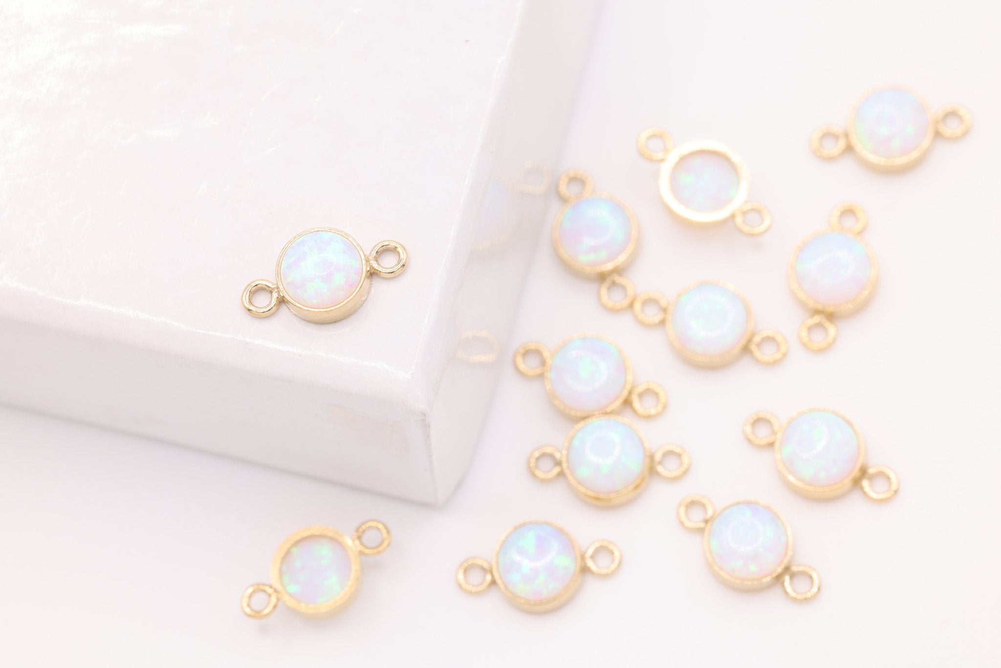 Opal April White Birthstone Connector Charm, Gold - Filled, 4mm Opal, Bulk DIY Wholesale Jewelry Making Charm - HarperCrown