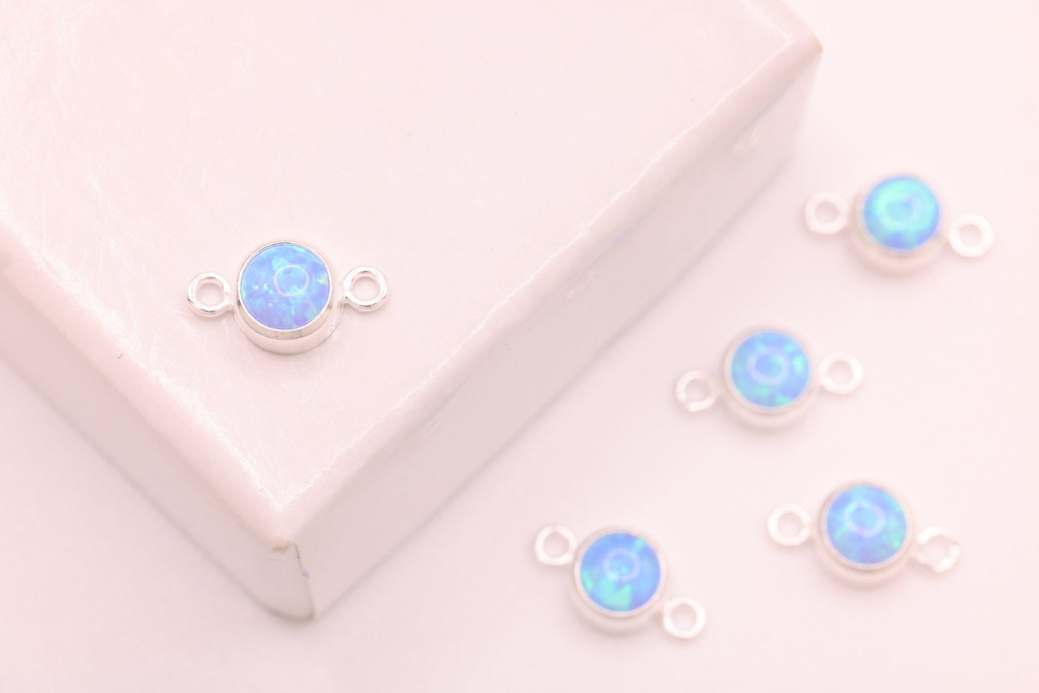 Opal March Birthstone Aquamarine Connector Charm, 925 Sterling Silver, 4mm Opal, Bulk DIY Wholesale Jewelry Making Charm - HarperCrown