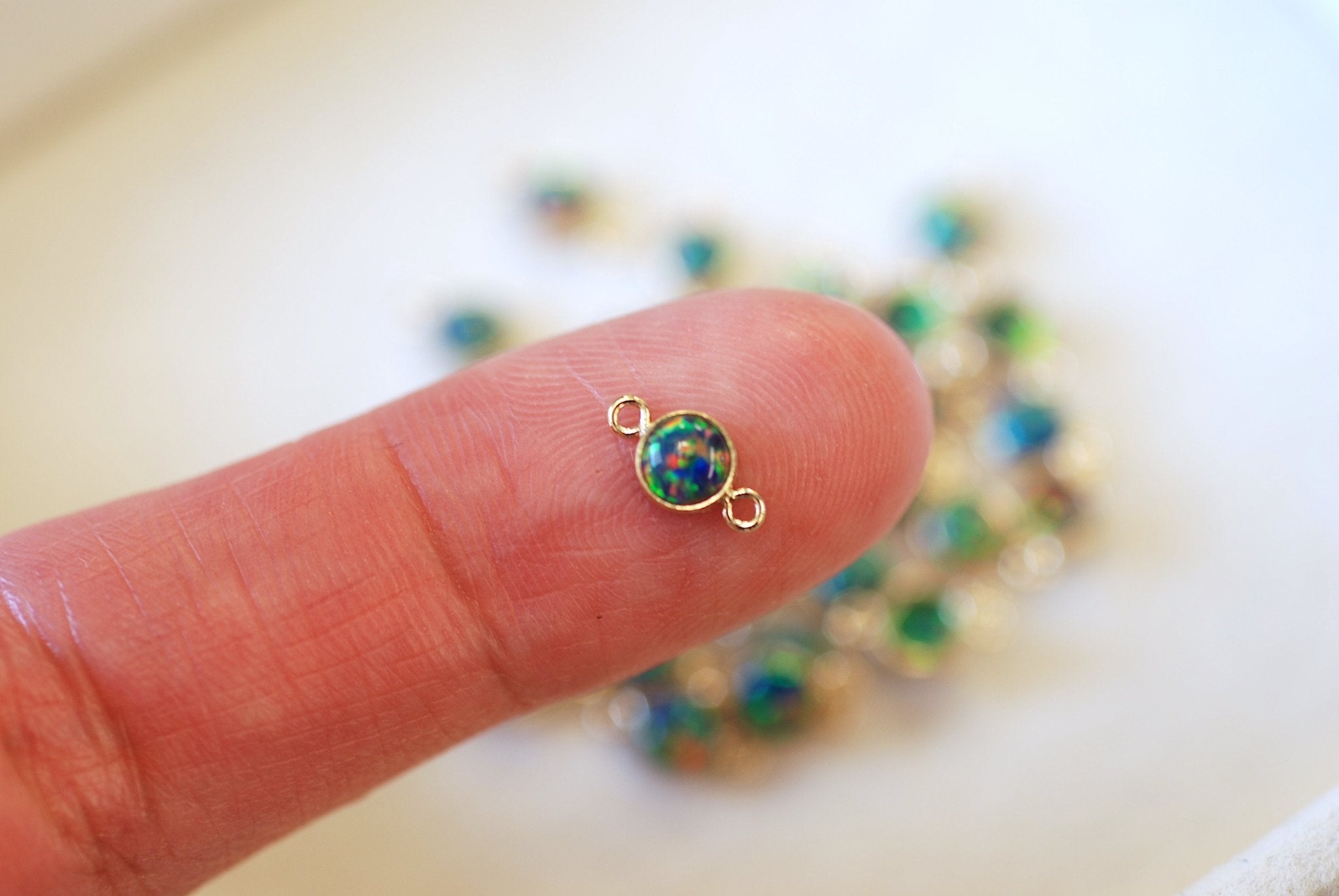 Opal May Birthstone Emerald Connector Charm, Gold - Filled, 4mm Opal, Bulk DIY Wholesale Jewelry Making Charm - HarperCrown