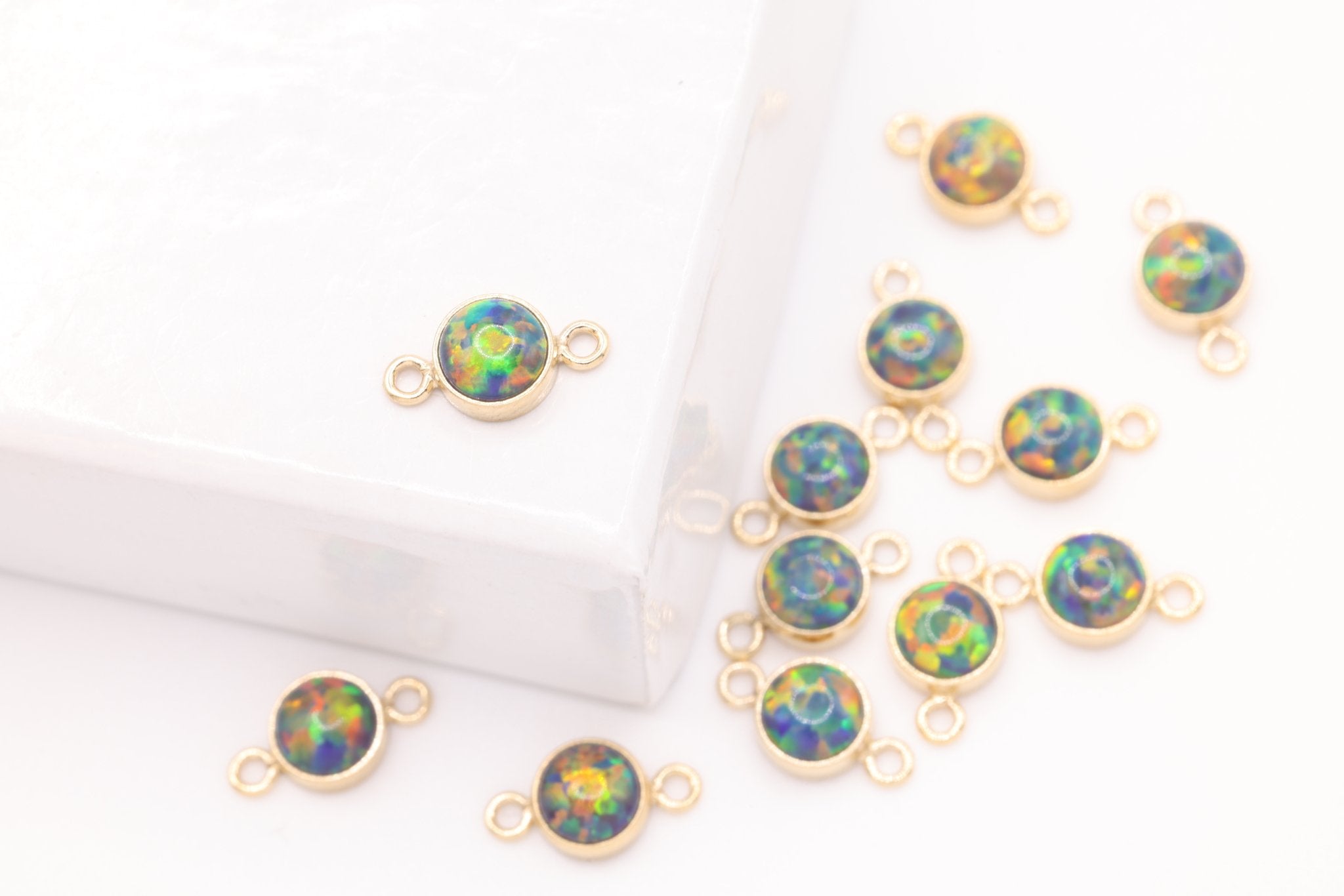 Opal May Birthstone Emerald Connector Charm, Gold - Filled, 4mm Opal, Bulk DIY Wholesale Jewelry Making Charm - HarperCrown