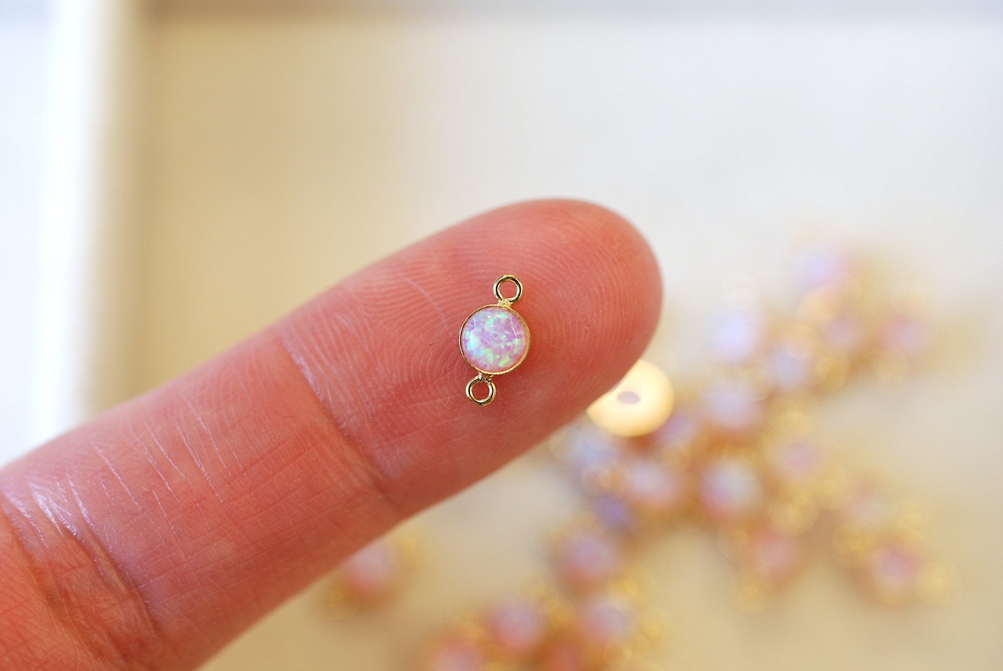 Opal October Birthstone Pink Connector Charm, Gold - Filled, 4mm Opal, Bulk DIY Wholesale Jewelry Making Charm - HarperCrown