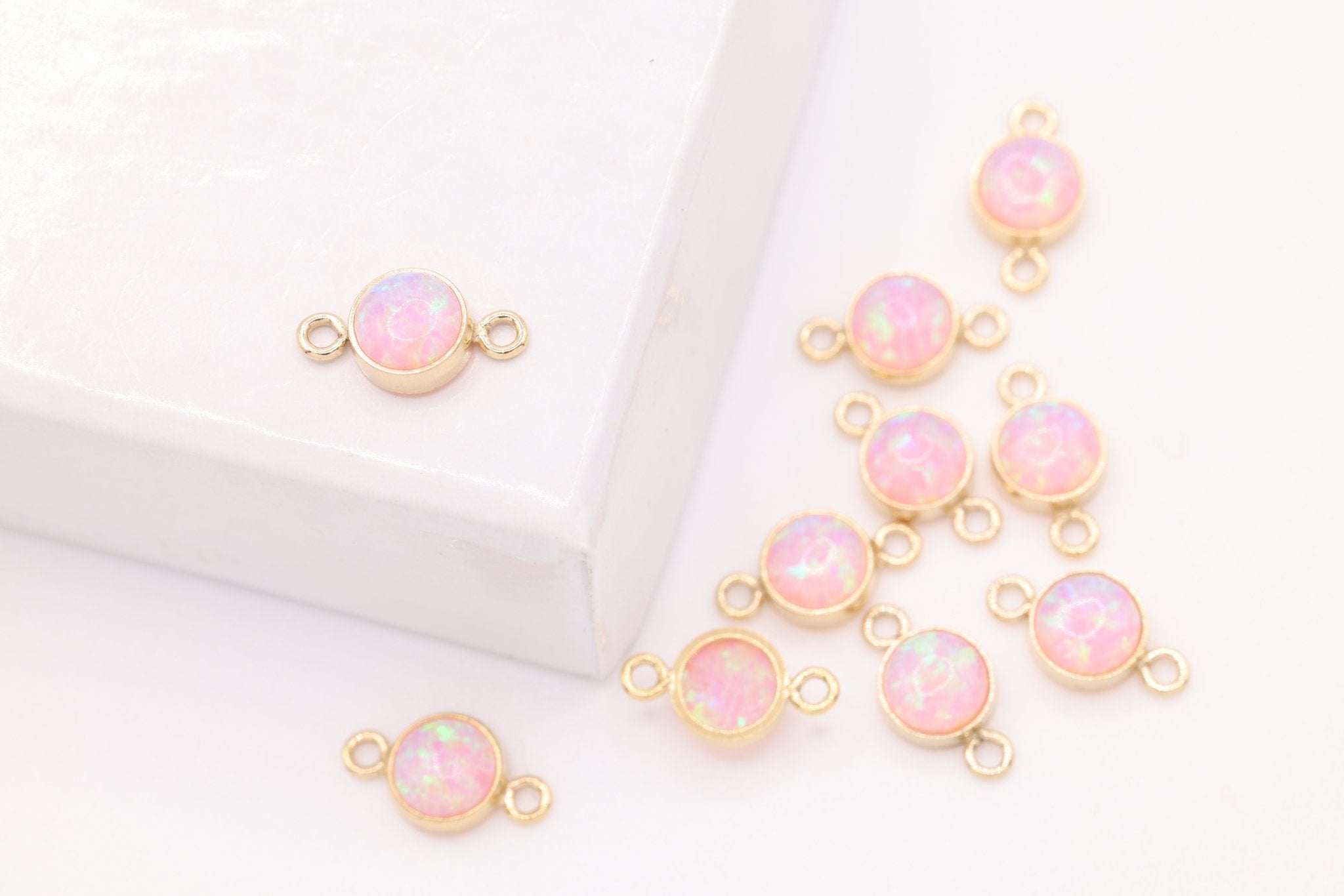Opal October Birthstone Pink Connector Charm, Gold - Filled, 4mm Opal, Bulk DIY Wholesale Jewelry Making Charm - HarperCrown