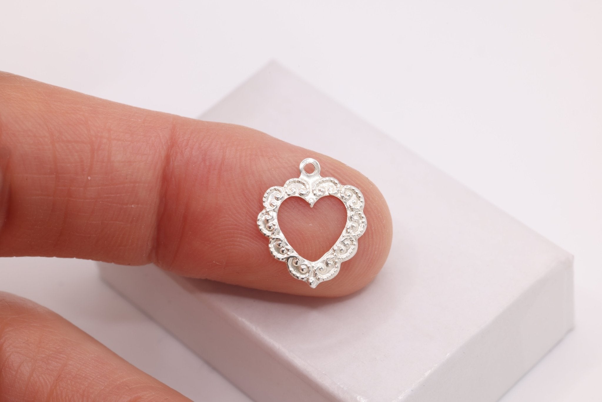Open Filigree Heart Charm, Wholesale, 925 Sterling Silver, 15mm x 13mm, Antique Floral Heart - HarperCrown