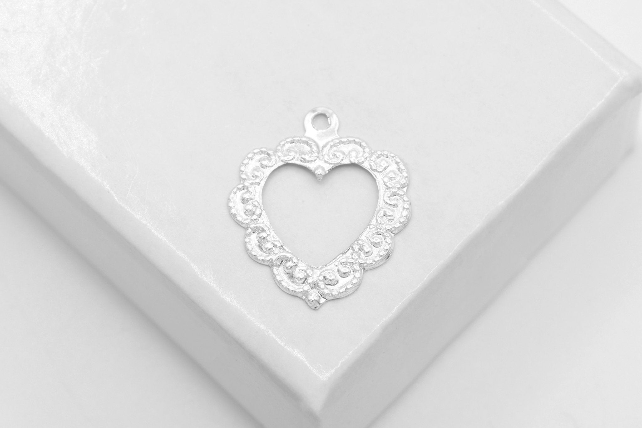 Open Filigree Heart Charm, Wholesale, 925 Sterling Silver, 15mm x 13mm, Antique Floral Heart - HarperCrown