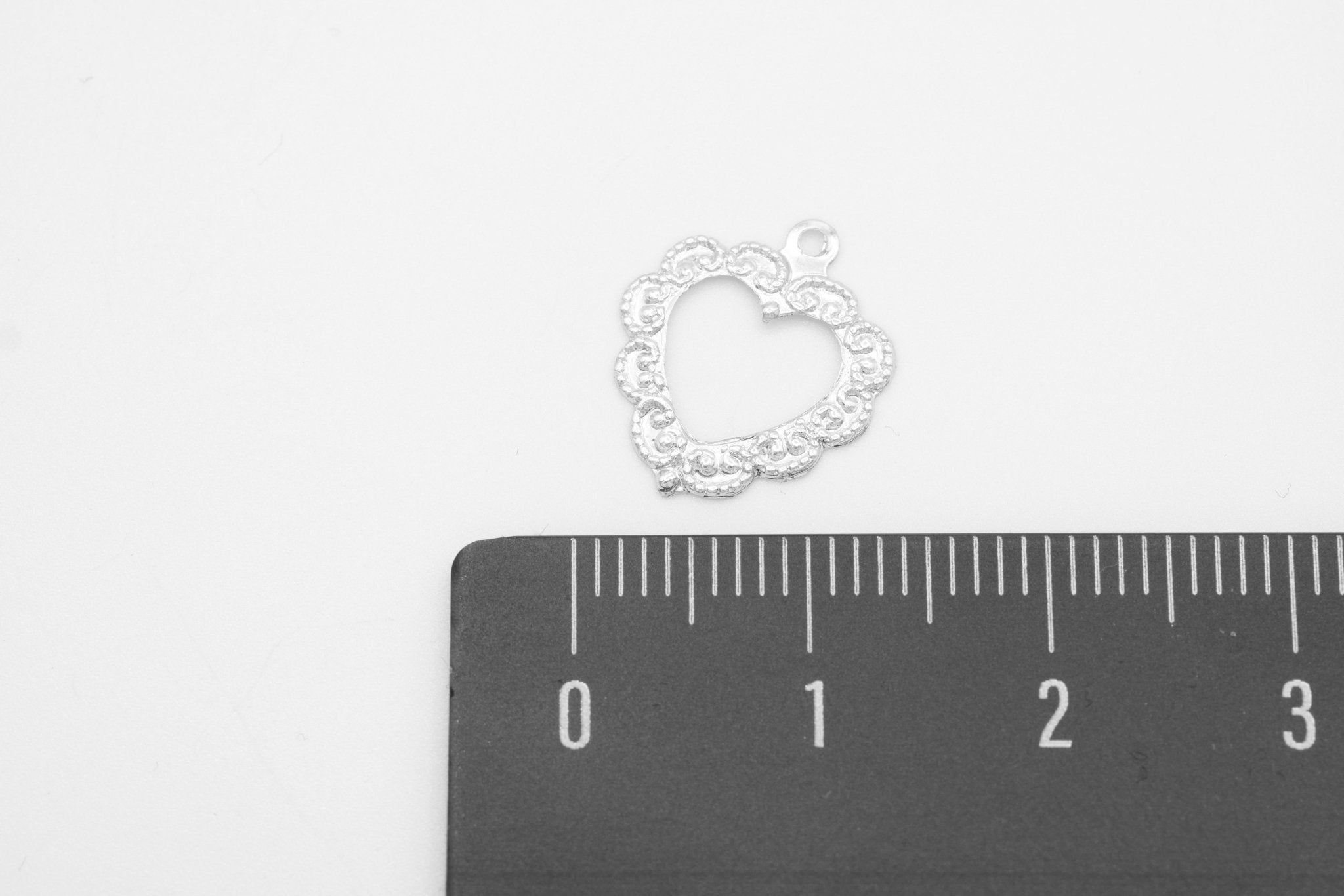 Open Filigree Heart Charm, Wholesale, 925 Sterling Silver, 15mm x 13mm, Antique Floral Heart - HarperCrown