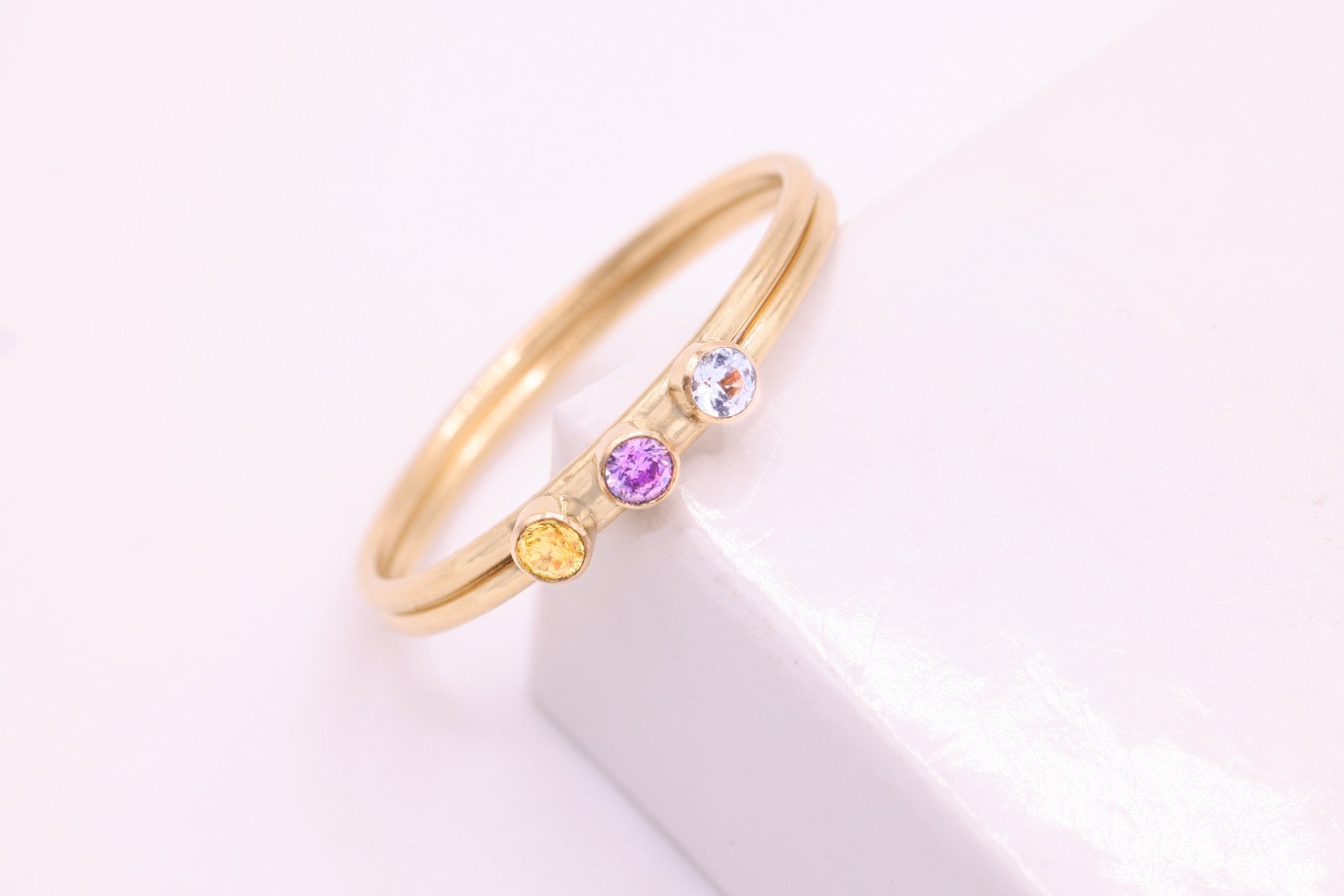 Personalized 3 Birthstone Ring, 14/20 Gold - Filled, 2mm CZ Stones - HarperCrown