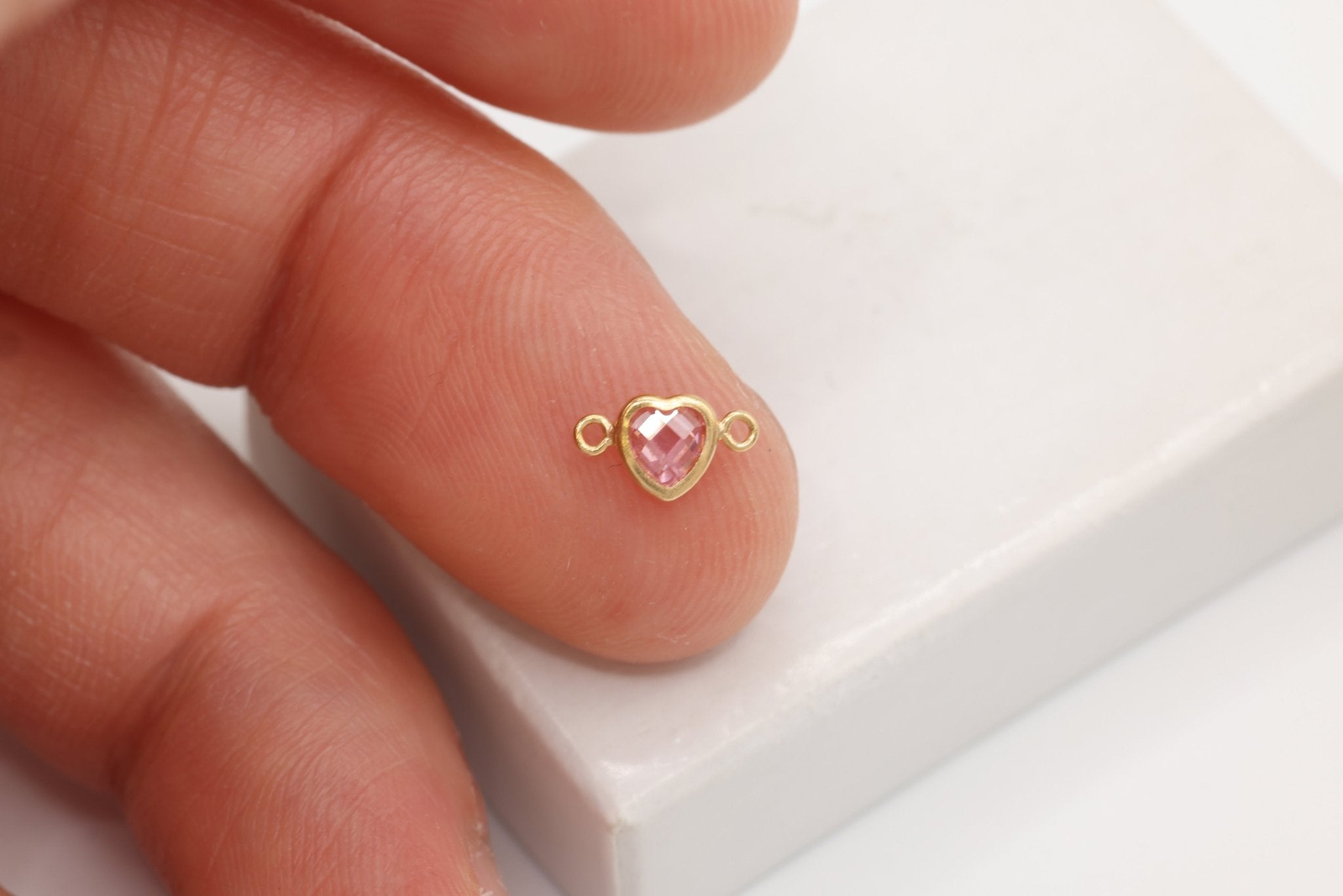 Pink CZ Heart Connector Charm, 14/20 Gold - Filled, 5mm x 5mm, Faceted Cubic Zirconia Stone, Jewelry Making Charm - HarperCrown
