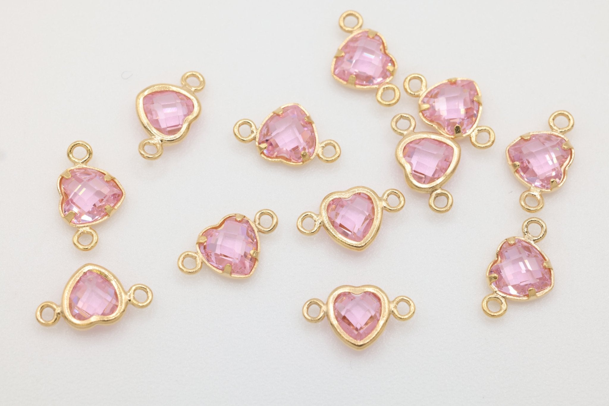 Pink CZ Heart Connector Charm, 14/20 Gold - Filled, 5mm x 5mm, Faceted Cubic Zirconia Stone, Jewelry Making Charm - HarperCrown