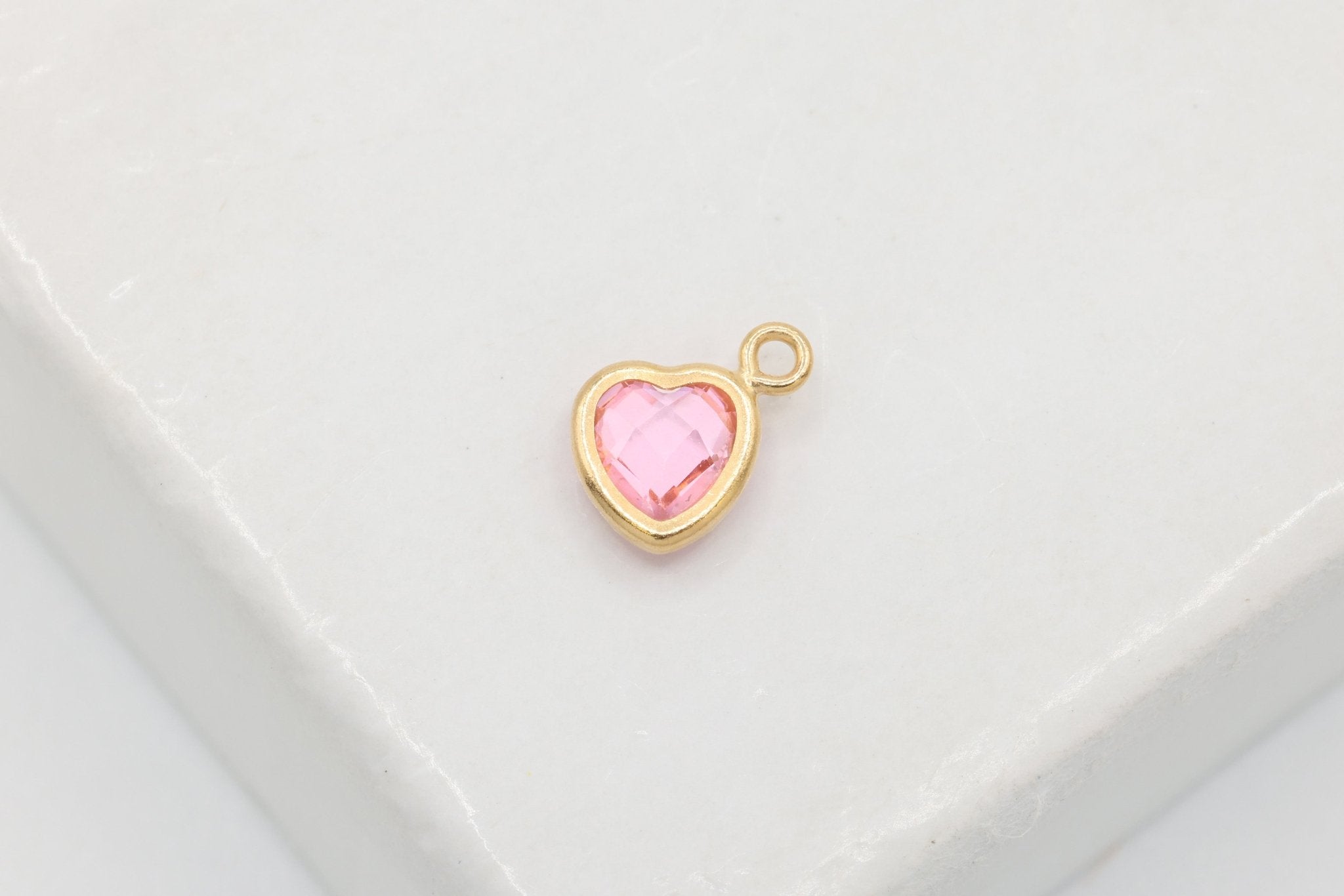 Pink CZ Heart Dangle Drop Charm, 14/20 Gold - Filled, 5mm x 5mm, Faceted Cubic Zirconia Stone, Jewelry Making Charm - HarperCrown