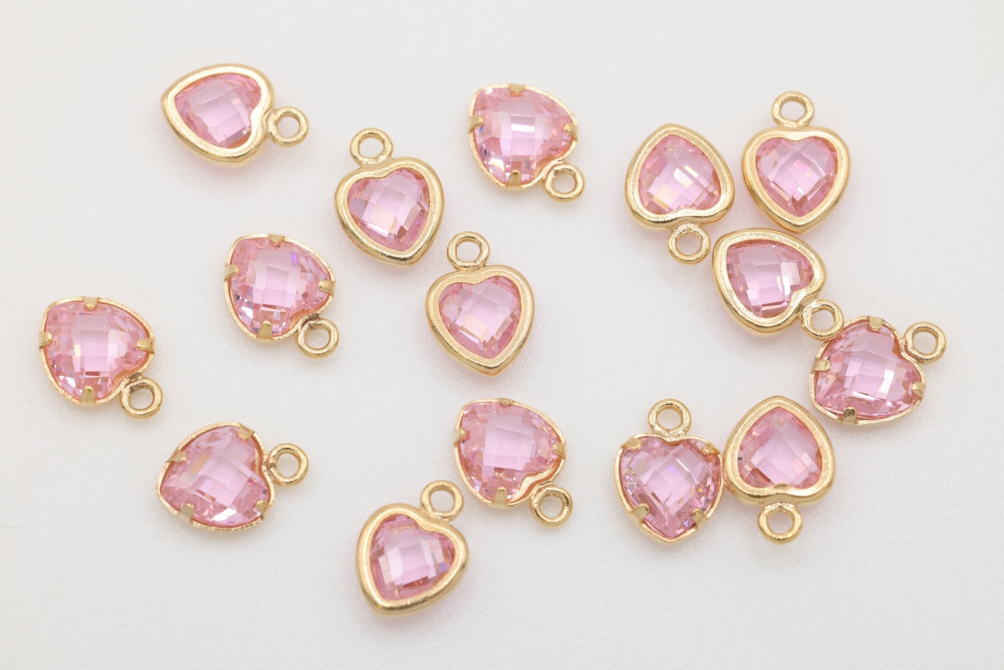 Pink CZ Heart Drop Charm, 14/20 Gold - Filled, 5mm x 5mm, Faceted Cubic Zirconia Stone, Jewelry Making Charm - HarperCrown