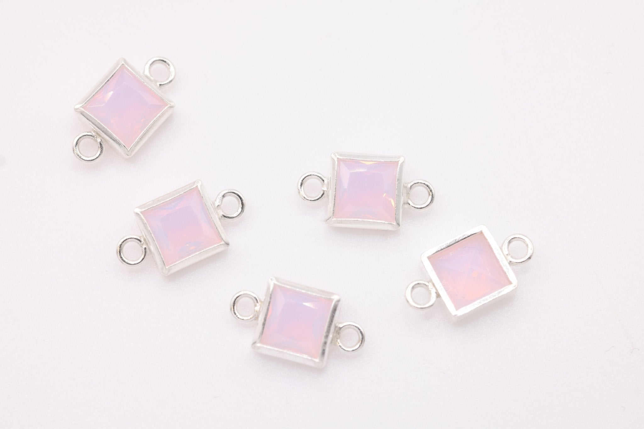 Pink Opal Square Connector Charm, Wholesale, 925 Sterling Silver, 5mm x 5mm, Bulk Permanent Jewelry - HarperCrown