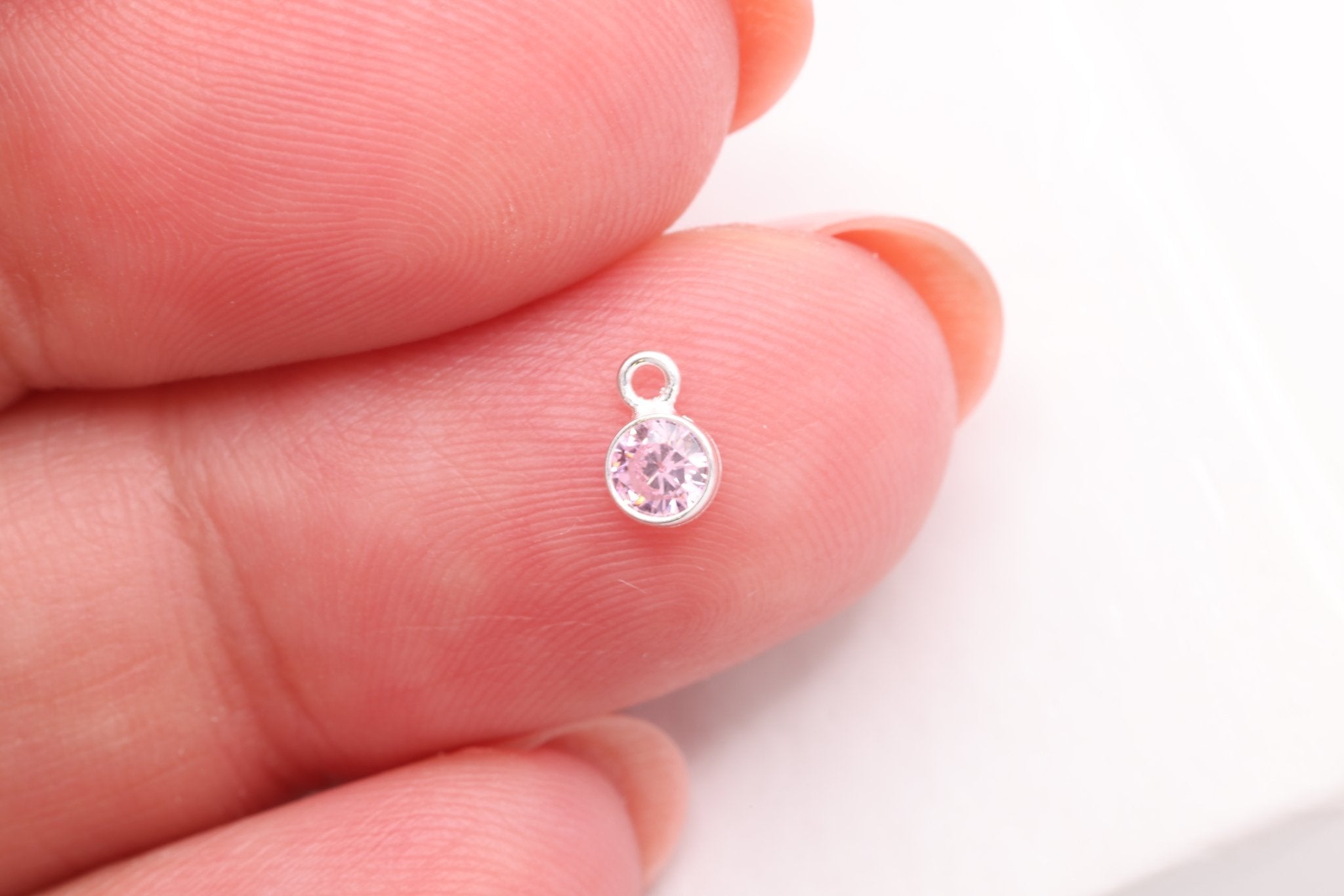 Pink Tourmaline CZ Drop Charm, October Birthstone, Sterling Silver, 5mm x 3mm, Wholesale Bulk DIY Wholesale Jewelry Making Charm - HarperCrown