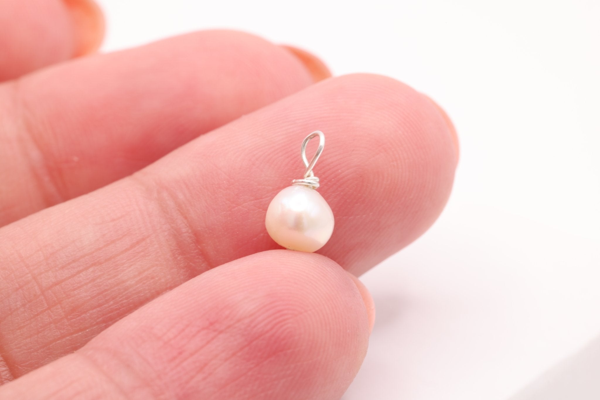 Potato Pearl Drop Charm, Sterling Silver, 10mm x 5mm, Wire Wrapped Pearl, Bulk DIY Wholesale Jewelry Making Charm - HarperCrown