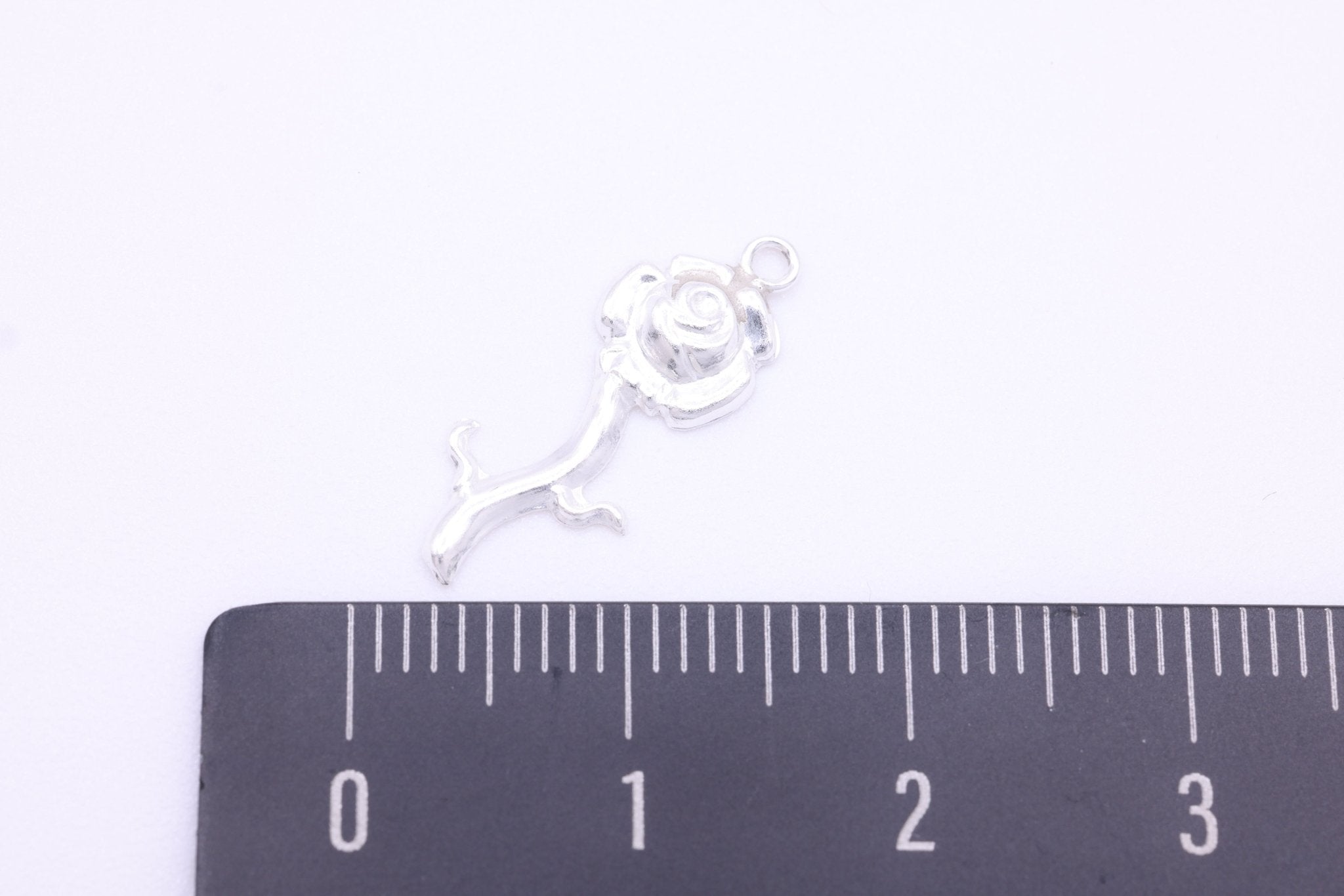 Rose Stem Charm, Wholesale, 925 Sterling Silver, 18mm x 7mm, Single - Stem Rosebud Bloom Charm - HarperCrown