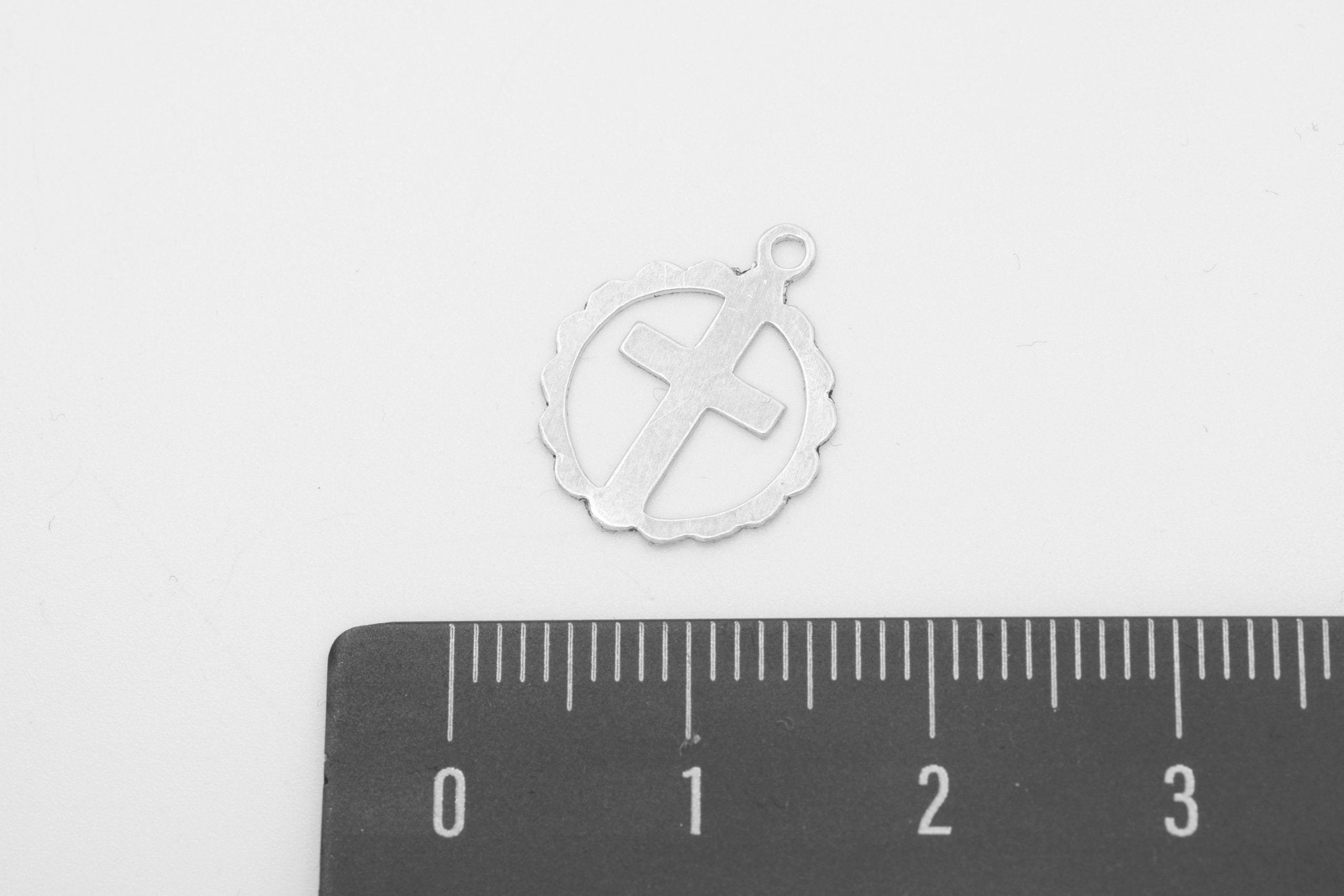 Scalloped Cross Charm, Wholesale, 925 Sterling Silver, 13mm, Flat Round Rosary Religious Amulet - HarperCrown