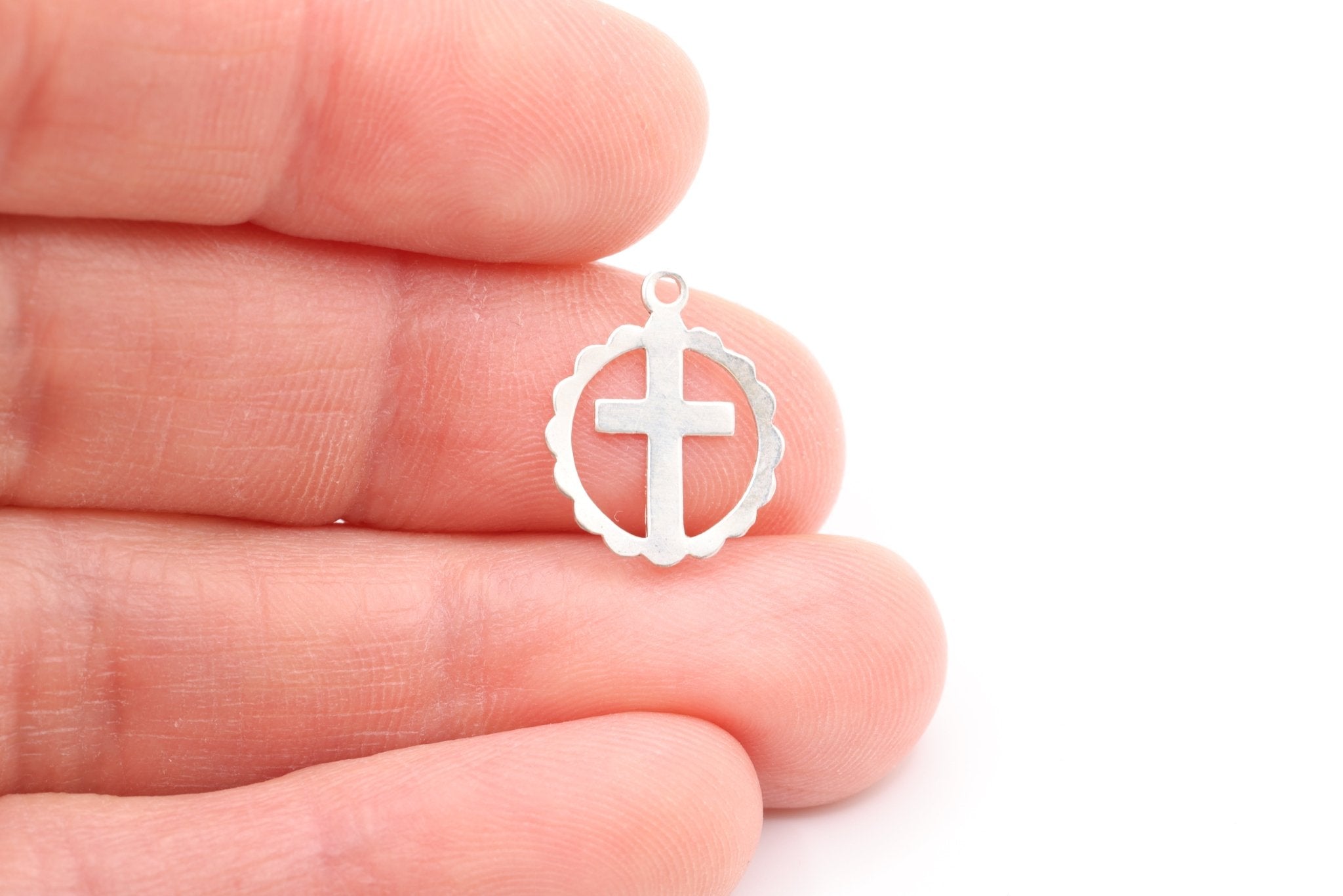 Scalloped Cross Charm, Wholesale, 925 Sterling Silver, 13mm, Flat Round Rosary Religious Amulet - HarperCrown