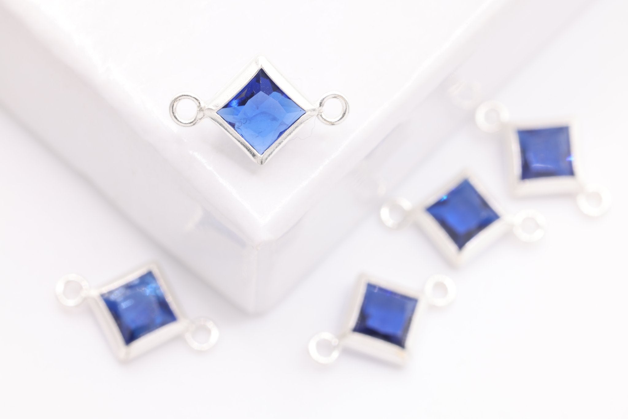 September Birthstone Sapphire CZ Connector Bezel Frame, Sterling Silver, 4mm - HarperCrown