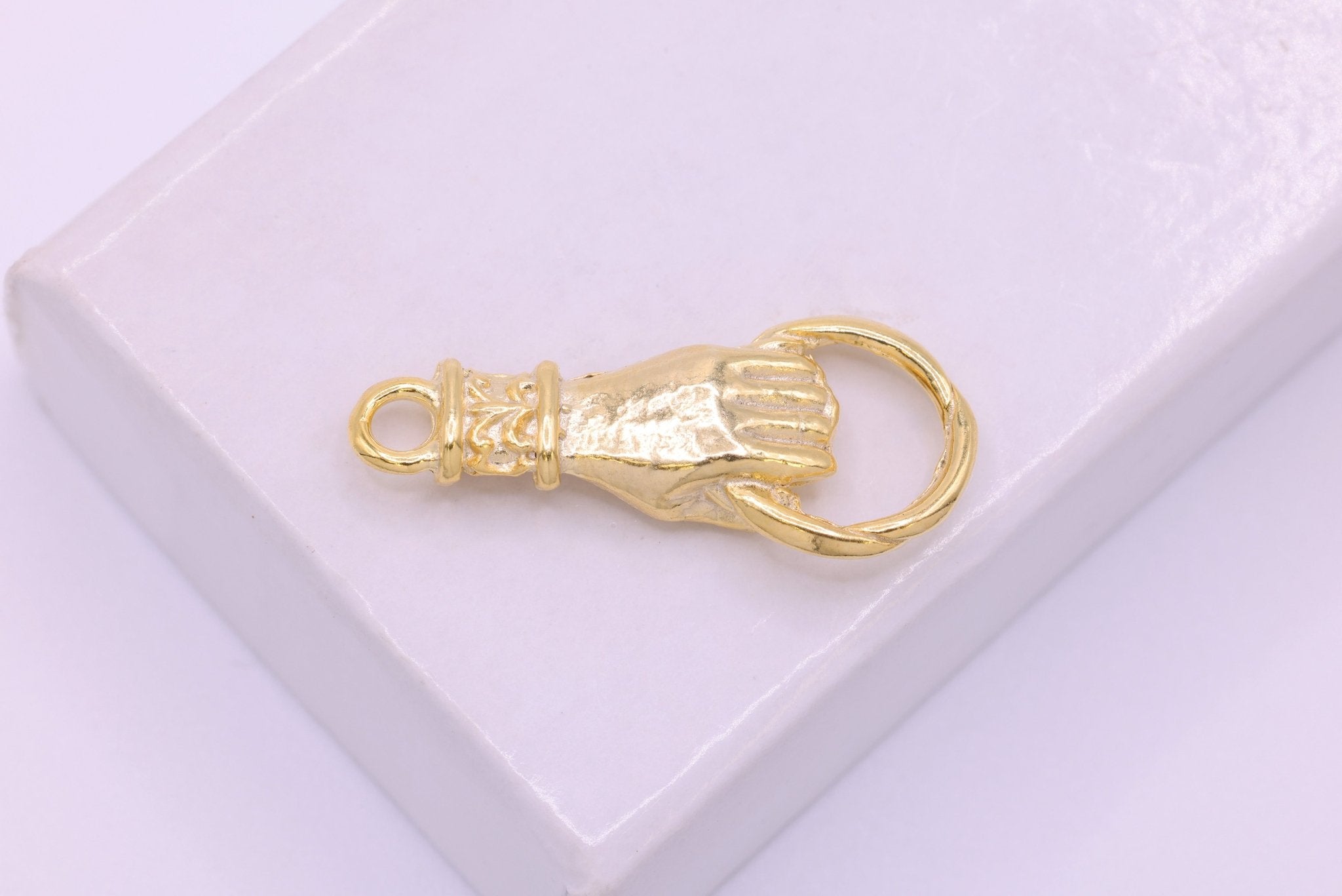 Shiny Vermeil Gold Hand Connector - 18k gold plated over Sterling Silver, Hand of Fatima connector, Hand Holding Ring Connector, hand, 34 - HarperCrown