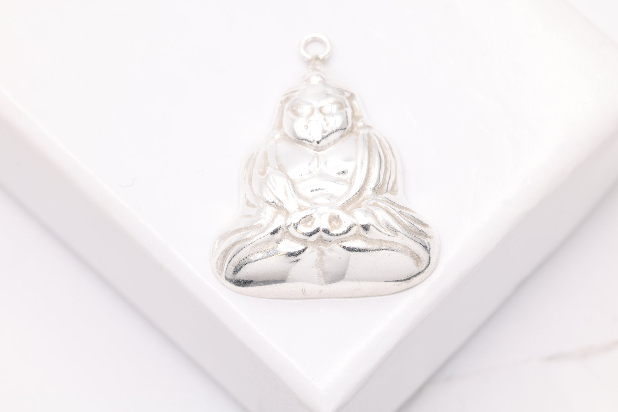 Sitting Buddha Charm, Sterling Silver, 18mm x 14mm, Bulk DIY Wholesale Jewelry Making Charm - HarperCrown