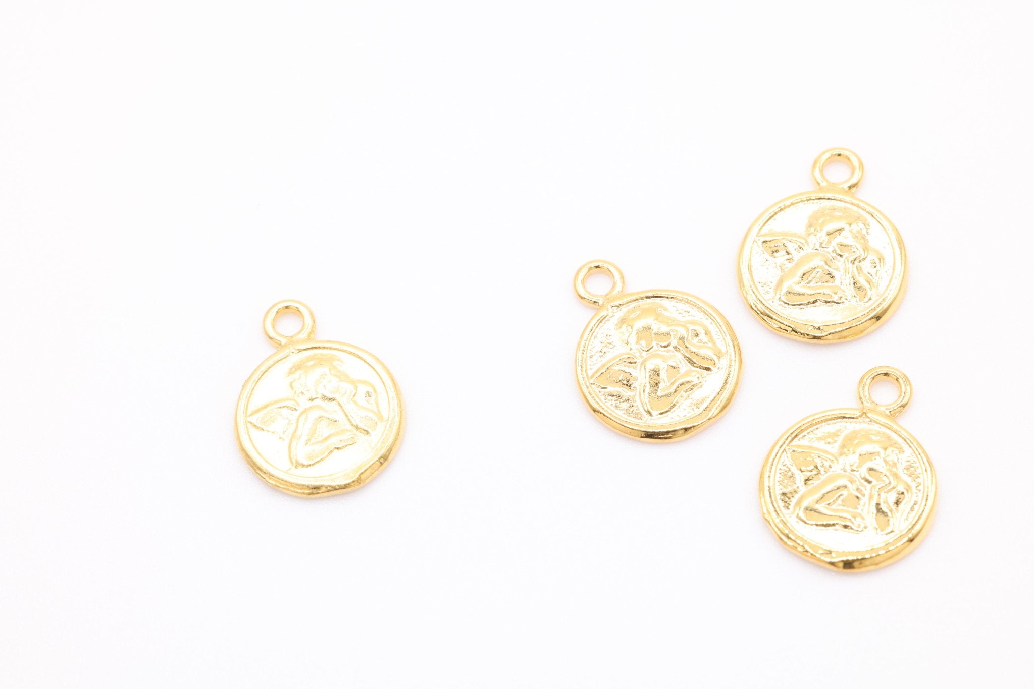 Small Angel Face Round Charm, Vermeil Gold, Angel With Wings, Cupid Charm, 12mm Disc, Cherubic Angel - HarperCrown