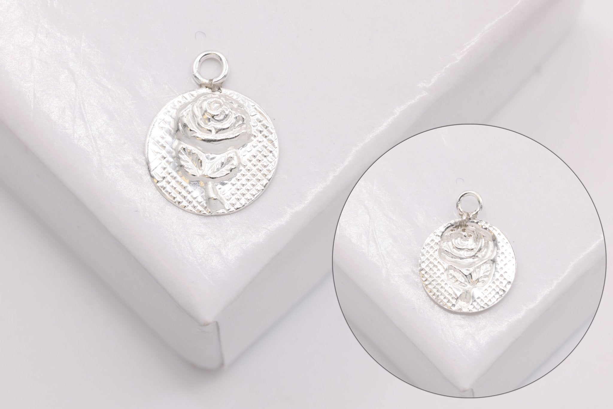 Small Rose Textured Circle Charm, 925 Sterling Silver, 7mm, Wholesale - HarperCrown