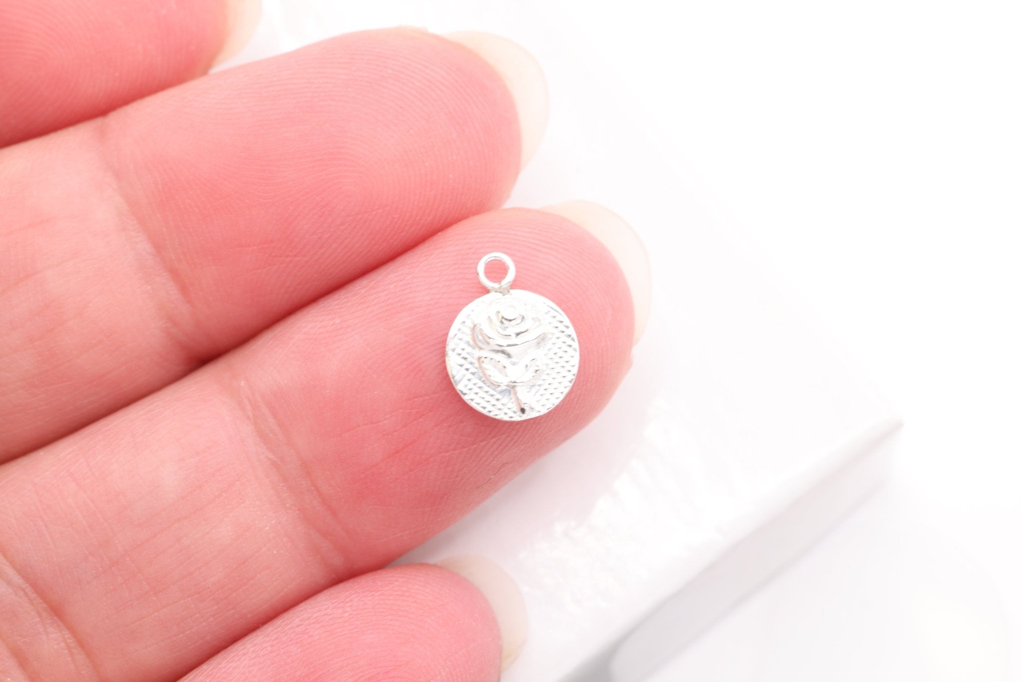 Small Rose Textured Circle Charm, 925 Sterling Silver, 7mm, Wholesale - HarperCrown
