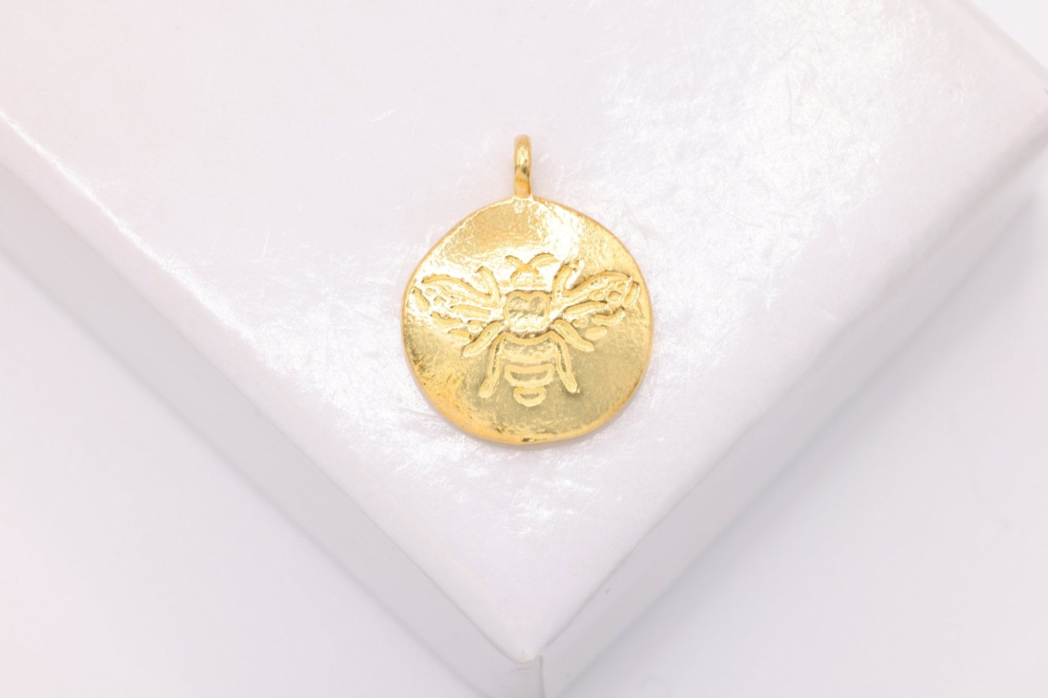 Small Round Bee Charm, Wholesale, 14K Solid Gold, 12mm, Disc Honeybee Queen Bee Embossed Insect - HarperCrown