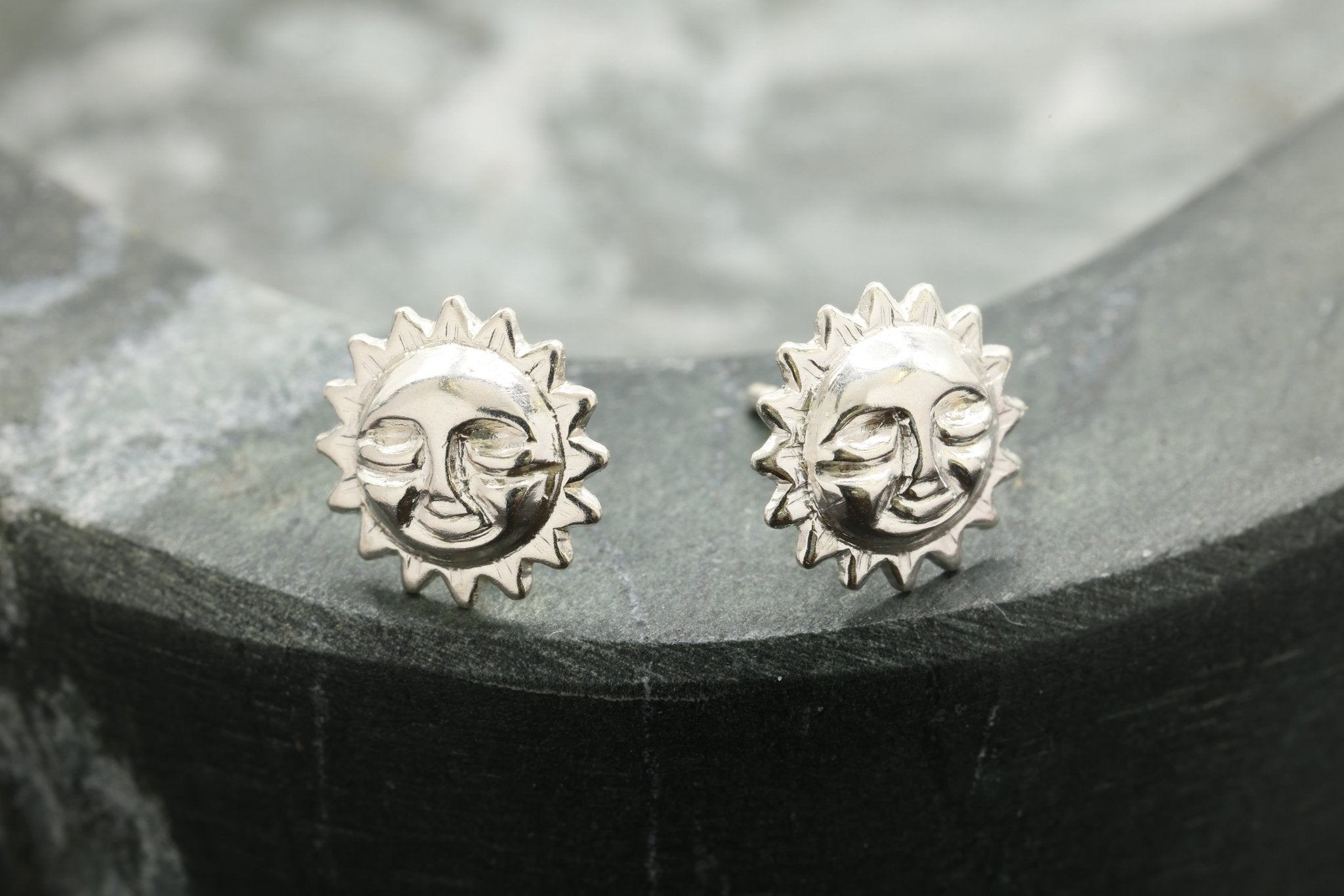 Sun Face Stud Earring, 925 Sterling Silver, 9mm x 9mm, Wholesale, Jewelry Earrings - HarperCrown
