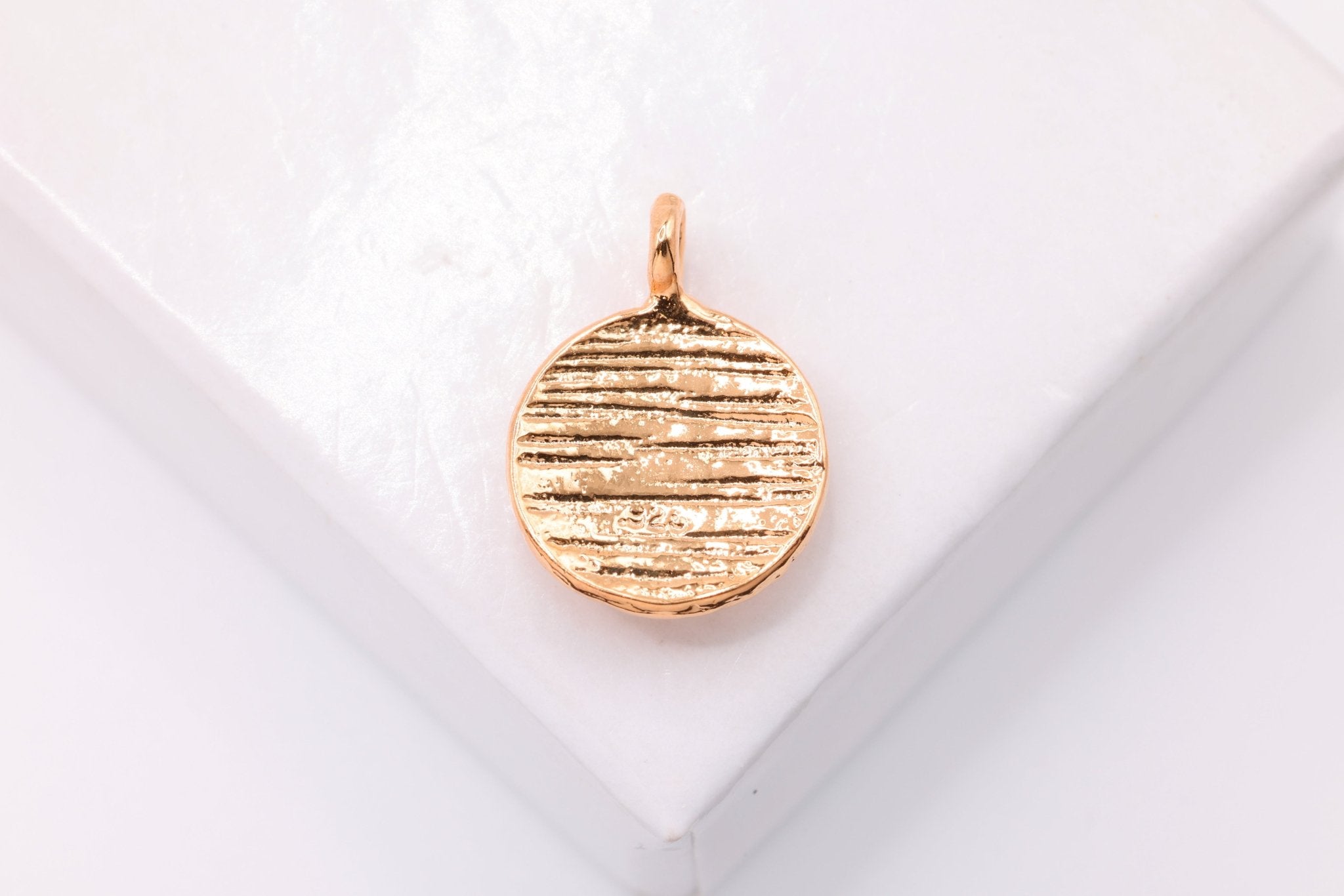 Textured Lined Charm, Wholesale, 18K Rose Gold - Plated 925 Sterling Silver, 10mm, Blank Disc Stamped - HarperCrown