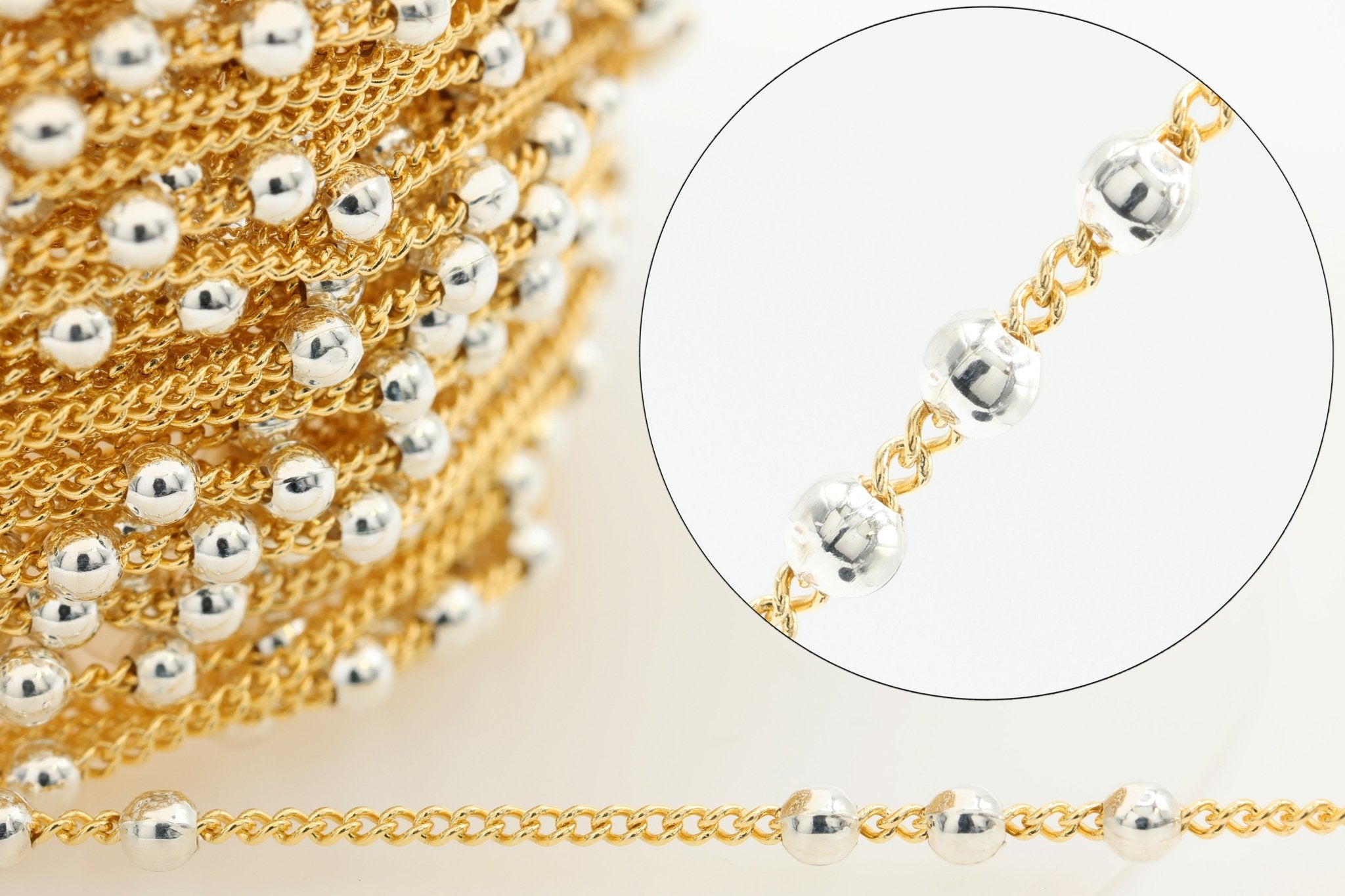 Three Bead Satellite Chain, 14/20 Gold-Filled Chain with 925 Sterling Silver Beads, Wholesale, Pay Per Foot, Jewelry Making Chain - HarperCrown
