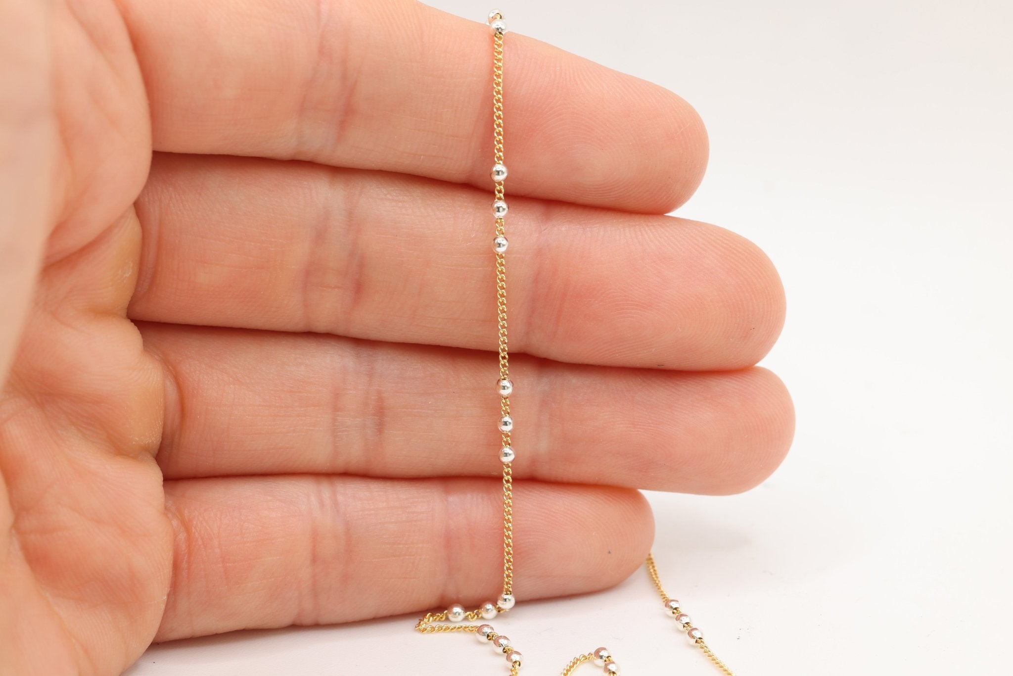 Three Bead Satellite Chain, 14/20 Gold-Filled Chain with 925 Sterling Silver Beads, Wholesale, Pay Per Foot, Jewelry Making Chain - HarperCrown