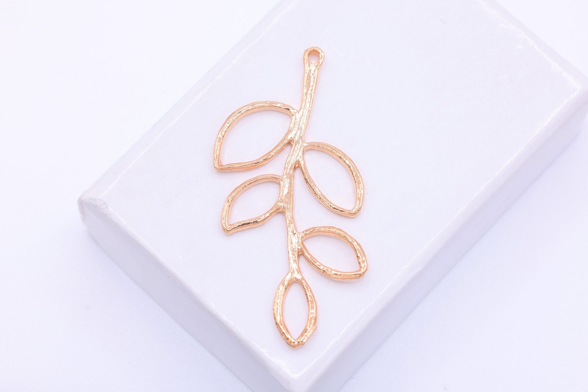 Twig Tree Branch Leaf Charm, 925 Sterling Silver Rose Gold - Plated, 35mm x 17mm, Spacer Leaf Connector - HarperCrown