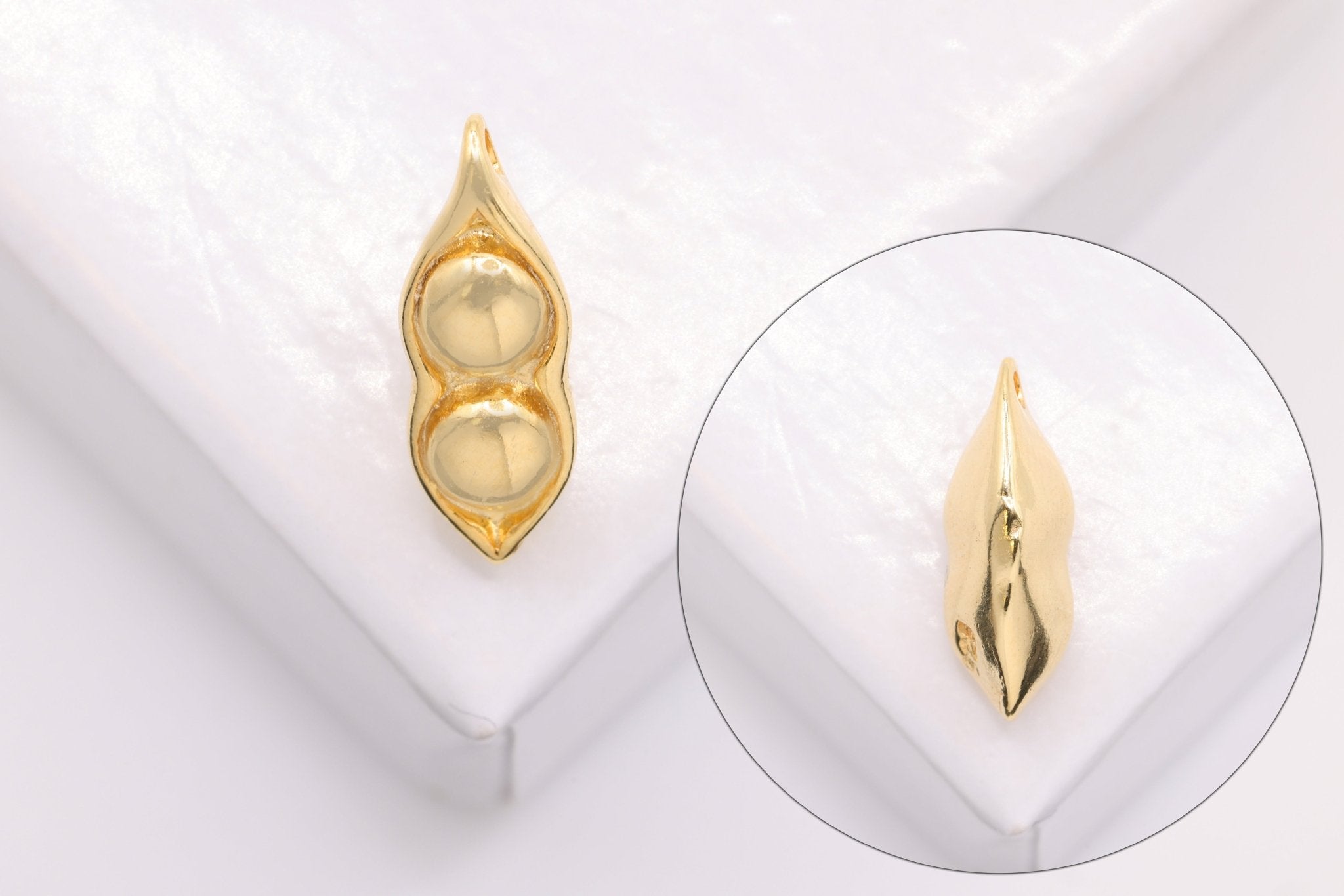 Two Peas in a Pod Charm, Wholesale, 18K Yellow Gold - Plated 925 Sterling Silver, 12mm x 5mm - HarperCrown