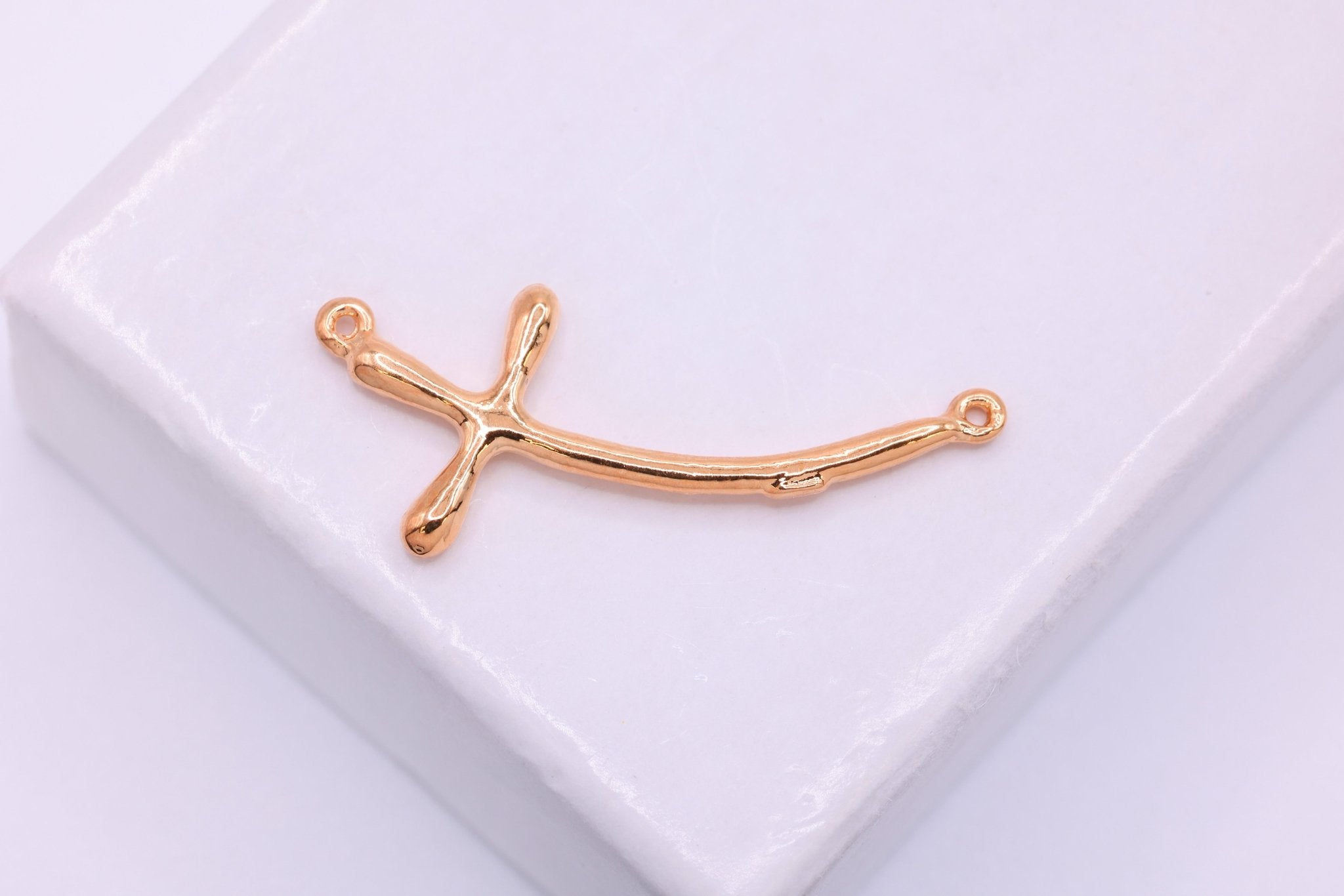 Wholesale Pink Rose Gold Vermeil Curved Cross Connector Charm - 18k gold over Sterling Silver Sideways Cross Charm Pendant, Bent Cross Connector - HarperCrown