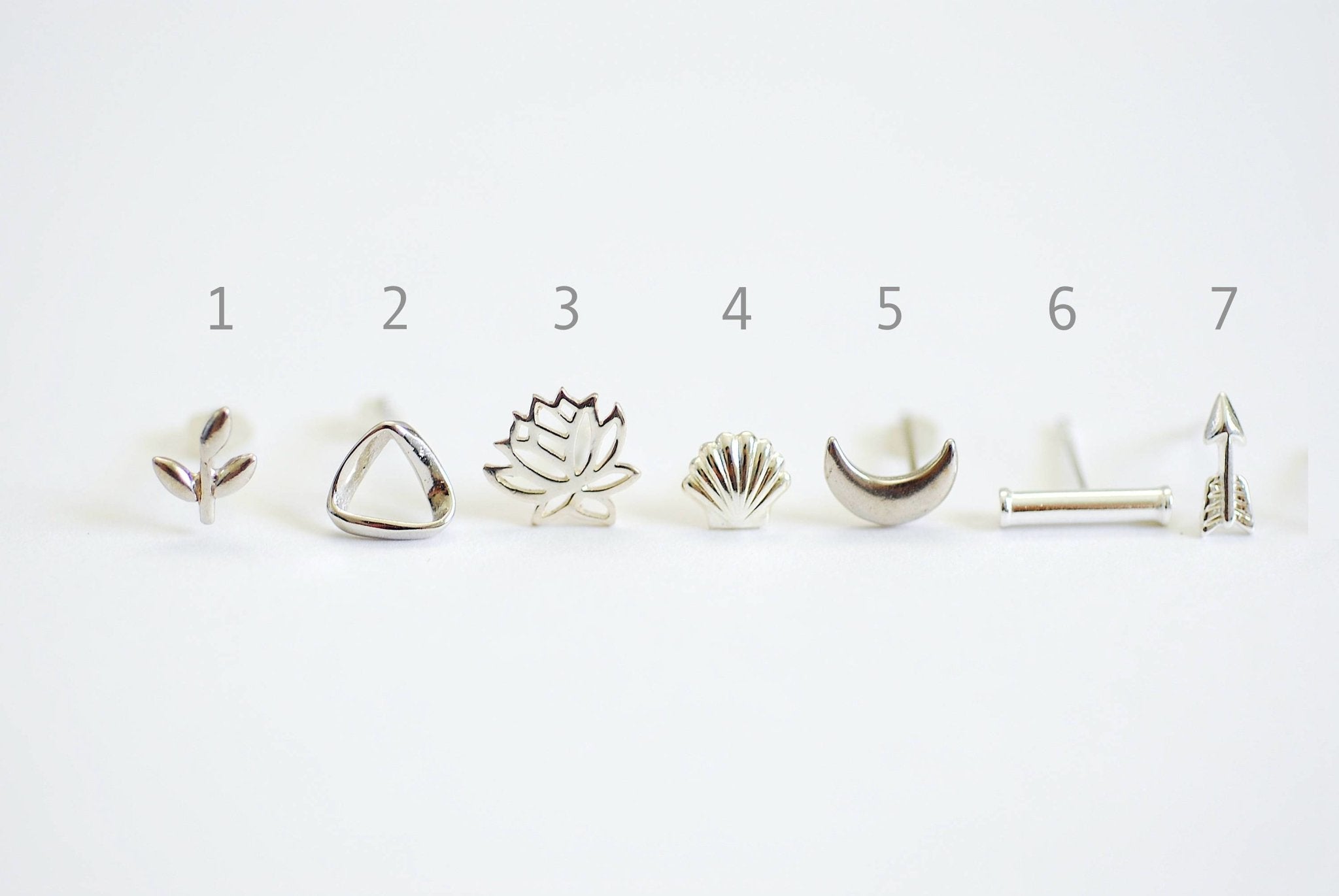 1 pair Sterling Silver Post Stud Earrings, Crescent Moon, Heart, Star, Ear Crawler, Bar, Arrow, Shell, Leaflet, Lotus Flower,Tree of Life - HarperCrown
