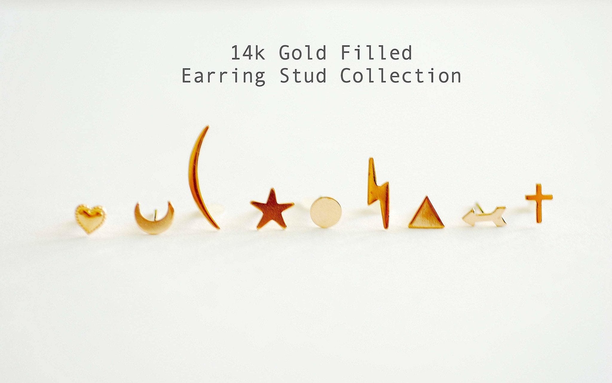 Wholesale 14k Gold Filled Earring Studs, Gold Fill Earrings, Heart, Crescent Moon, Star, Circle, Cross, Arrow, Chevron, Lightning Bolt, Triangle, Bulk Earrings